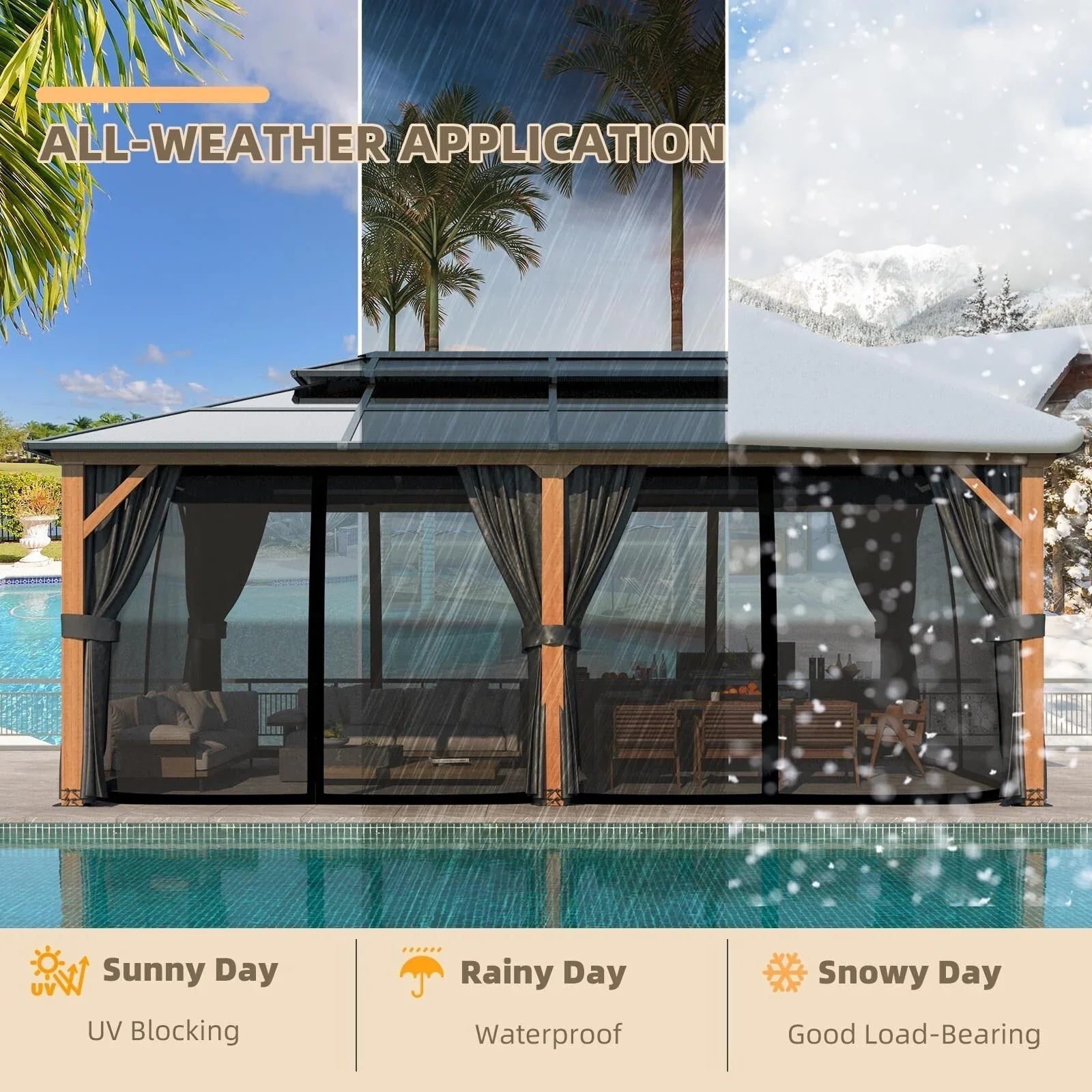 EROMMY Hardtop Gazebo,Outdoor Pergola with Double Roof & Netting & Curtains,Heavy Duty Canopy for Patio, Backyard, Pool party – Image 133