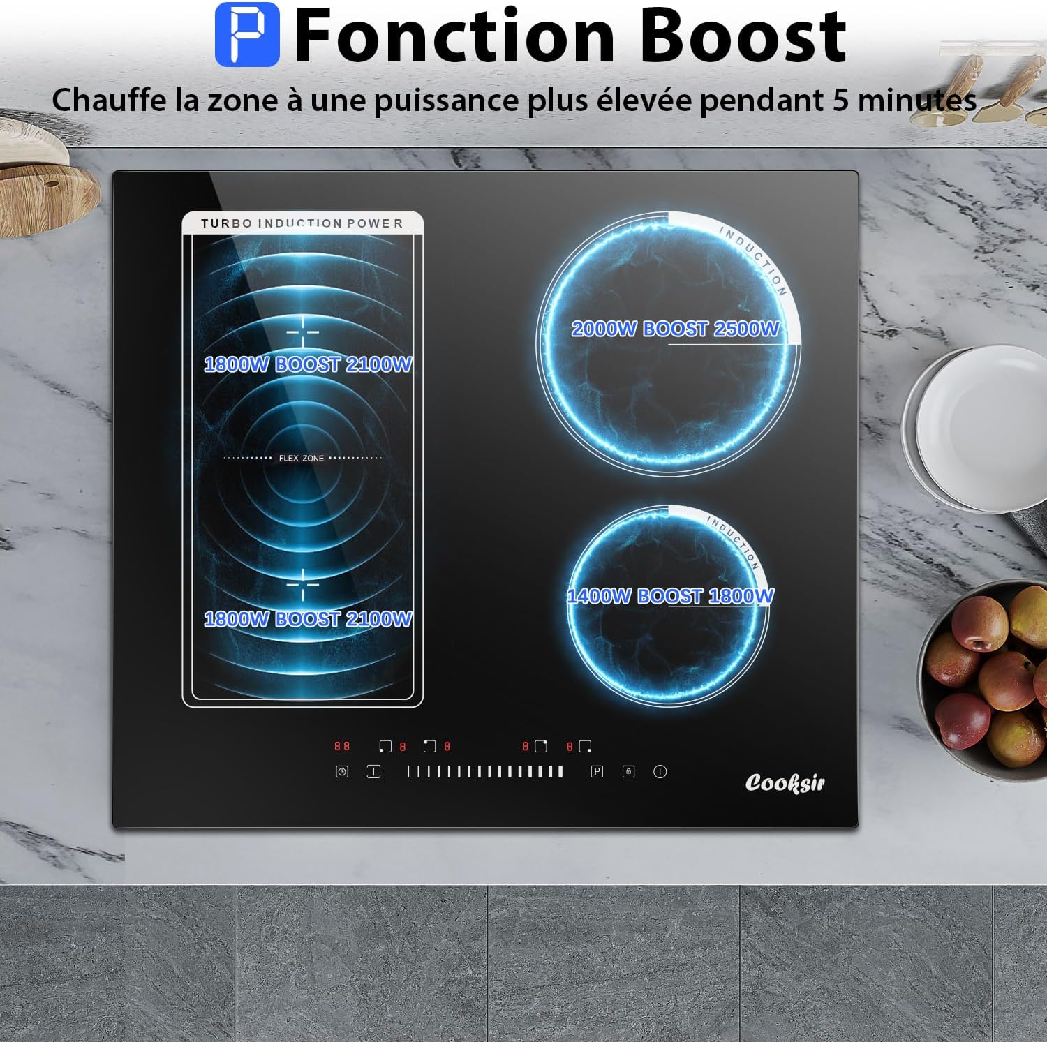 Plaque Induction 4 Feux avec Prise, Table de Cuisson Induction Encastrable 60cm, Plaque Electrique 4 Feux 3500W, Zone Combinée pour le Gril, Commande Tactile à Curseur, 220V – Image 3