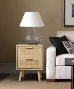 Alternative view of Finnhomy Lot de 2 tables de chevet, tables d'appoint avec 2 tiroirs décorés à la main en rotin, en bois, avec rangement pour chambre à coucher, naturel