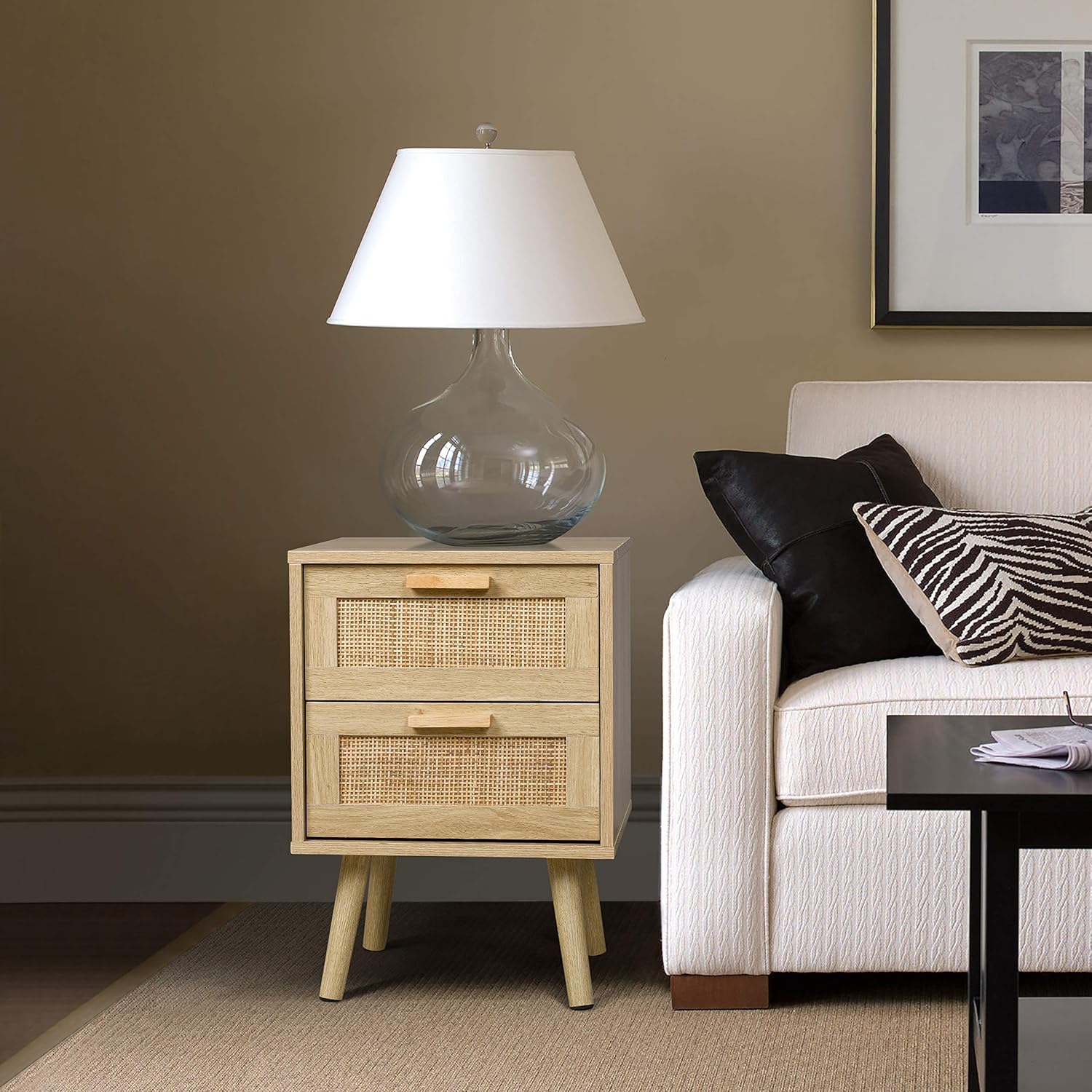 Finnhomy Lot de 2 tables de chevet, tables d'appoint avec 2 tiroirs décorés à la main en rotin, en bois, avec rangement pour chambre à coucher, naturel – Image 2