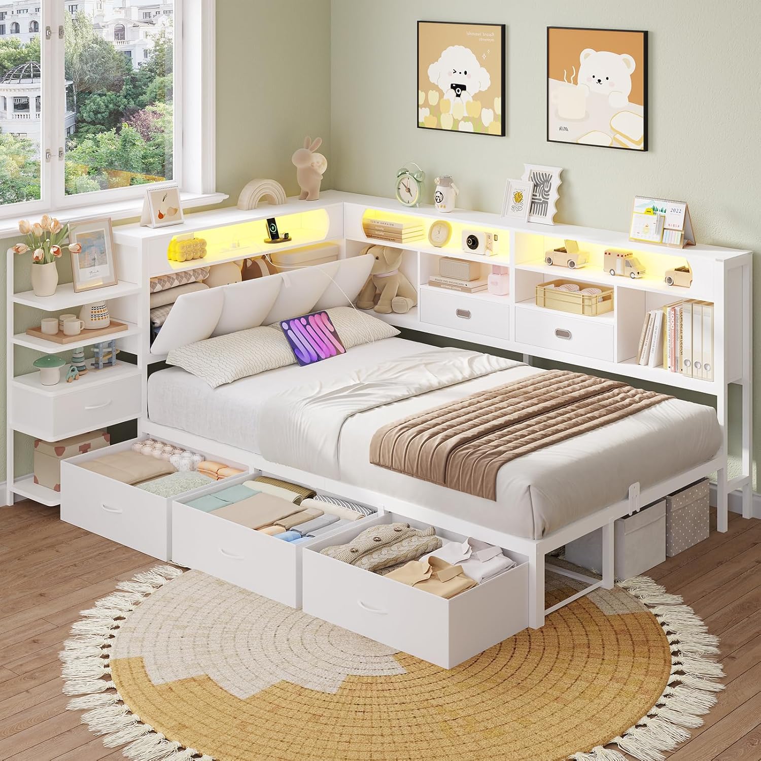 DICTAC Lit 90x190 en L – Banquette-Lit 1 Place avec Tête de Lit Capitonnée (Rangement Secret + Table de Nuit Intégrée), LED RGB & Recharge | Idéal pour Studio & Chambre (Blanc) | 3tiroirs sous le lit