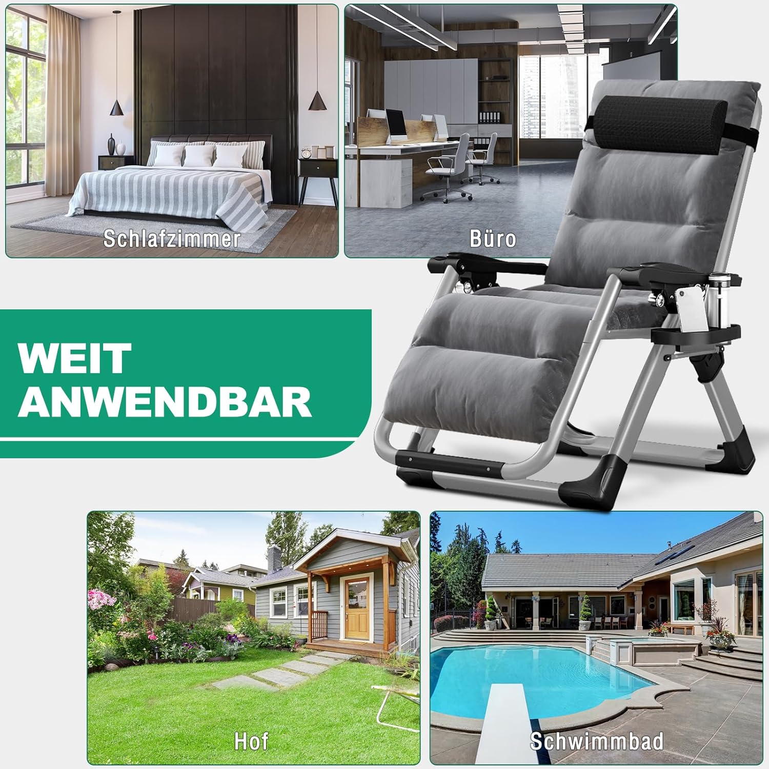 Chaise longue pliable, chaise de terrasse, capacité de charge 200 kg, chaise zéro gravité avec coussin de soutien, porte-boissons, chaise longue de jardin extra large réglable pour patio – Image 6