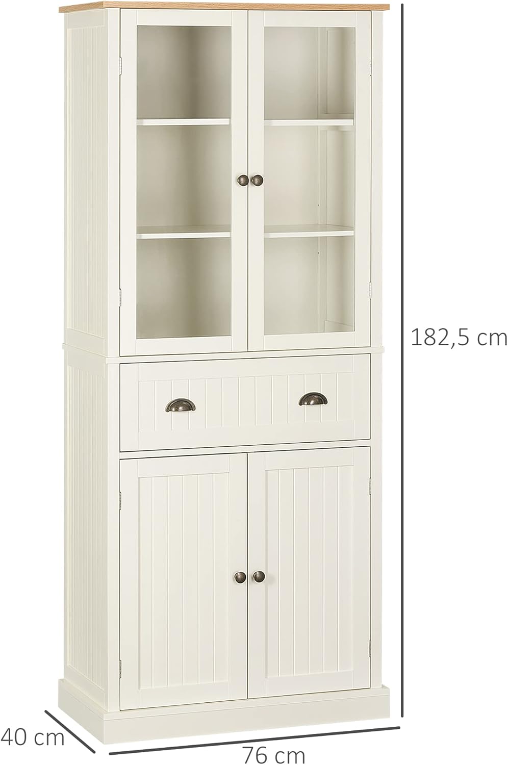 HOMCOM Buffet Meuble Cuisine Rangement Armoire de Cuisine 4 Portes Dont 2 Portes vitrées et 1 tiroir Hauteur 182,5 cm avec étagères réglables - Beige – Image 3
