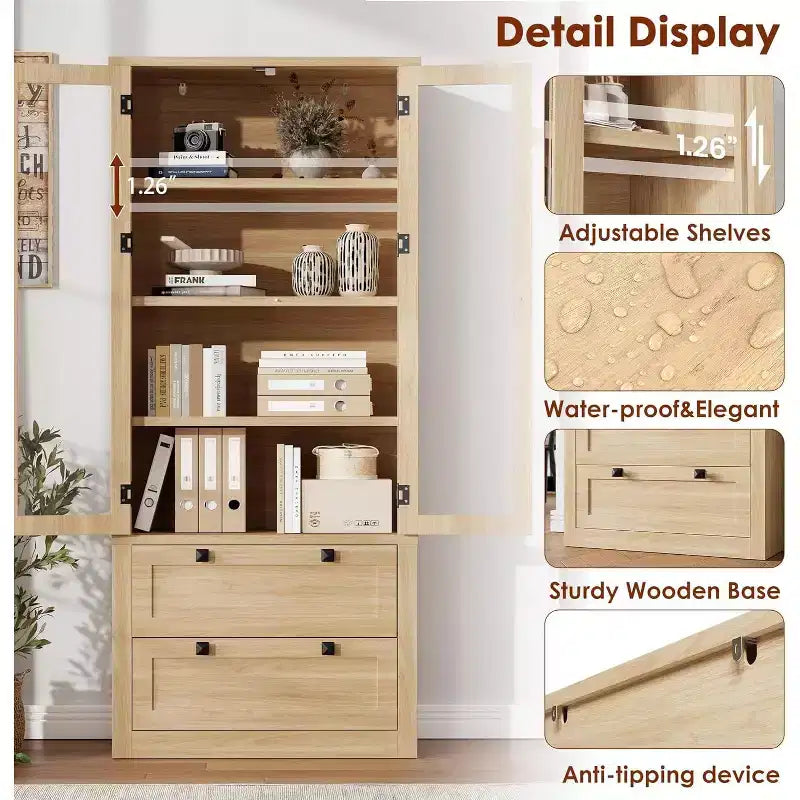 Farmhouse Kitchen Pantry Cabinet with Glass Doors, 72in Storage Cupboard with Drawers and Adjustable Shelves for Dining Room Bathroom Living Room – Image 13