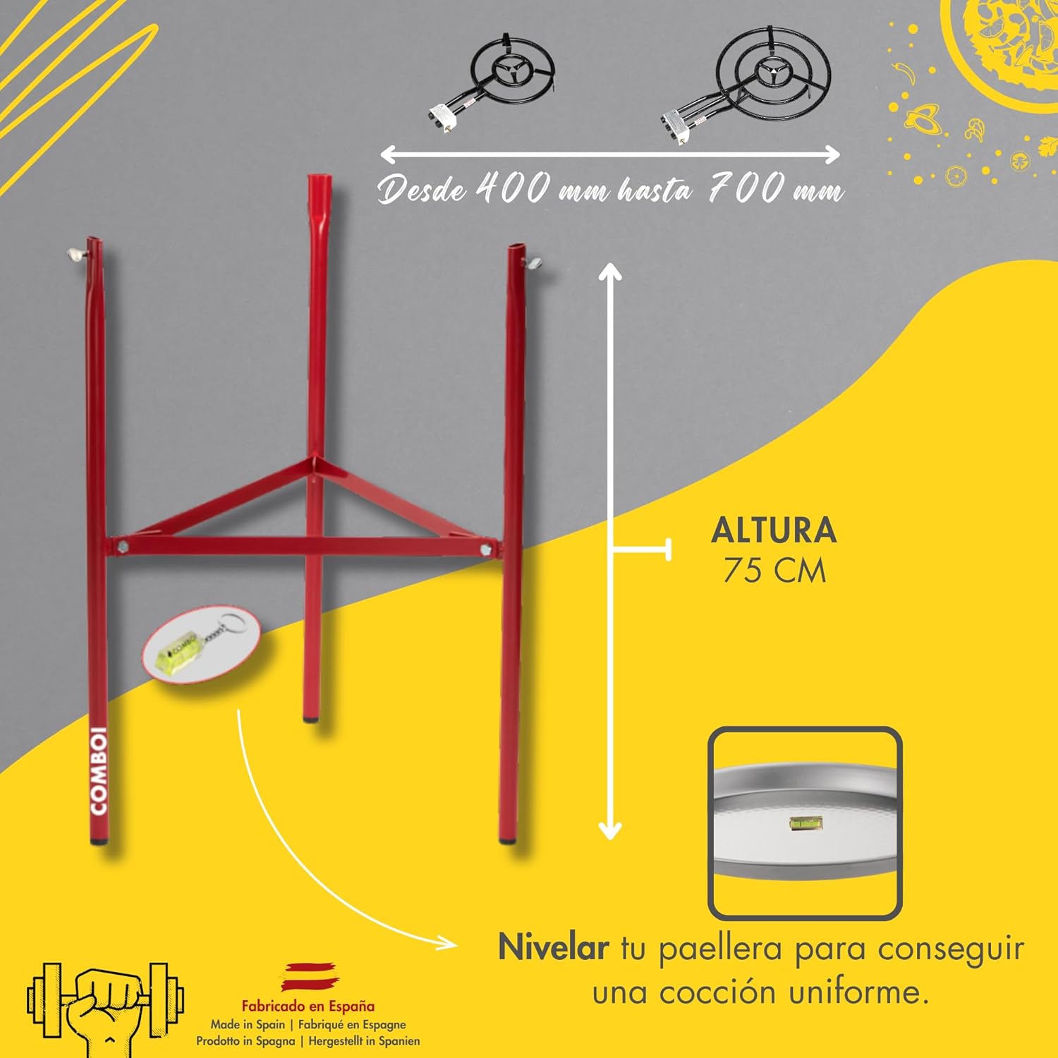 COMBOI - Kit paella, Brûleur à Gaz Butane de 50 cm, Poêles à paella de 60 cm et 42 cm, Régulateur de Gaz, Tuyau, Trépied Renforcé, Tablier et Recettes. – Image 3