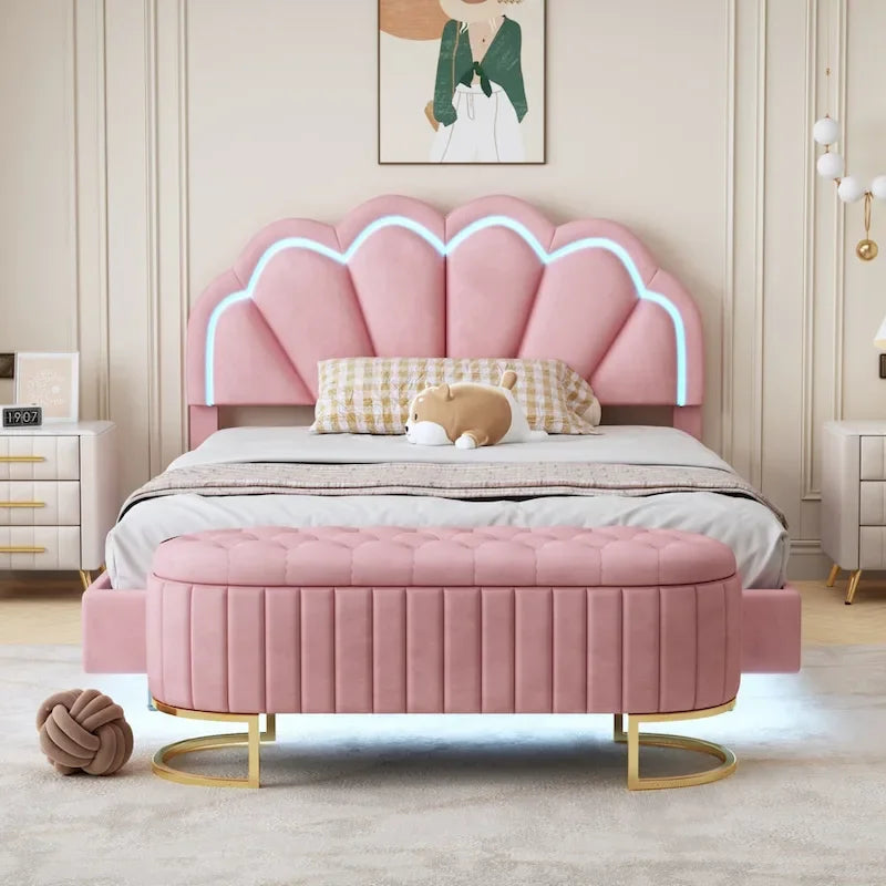 2-Pieces Bedroom Sets Full LED Platform Bed with Storage Ottoman – Image 12