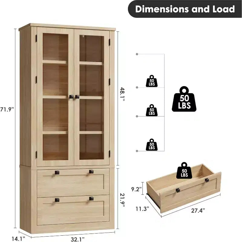 Farmhouse Kitchen Pantry Cabinet with Glass Doors, 72in Storage Cupboard with Drawers and Adjustable Shelves for Dining Room Bathroom Living Room – Image 11