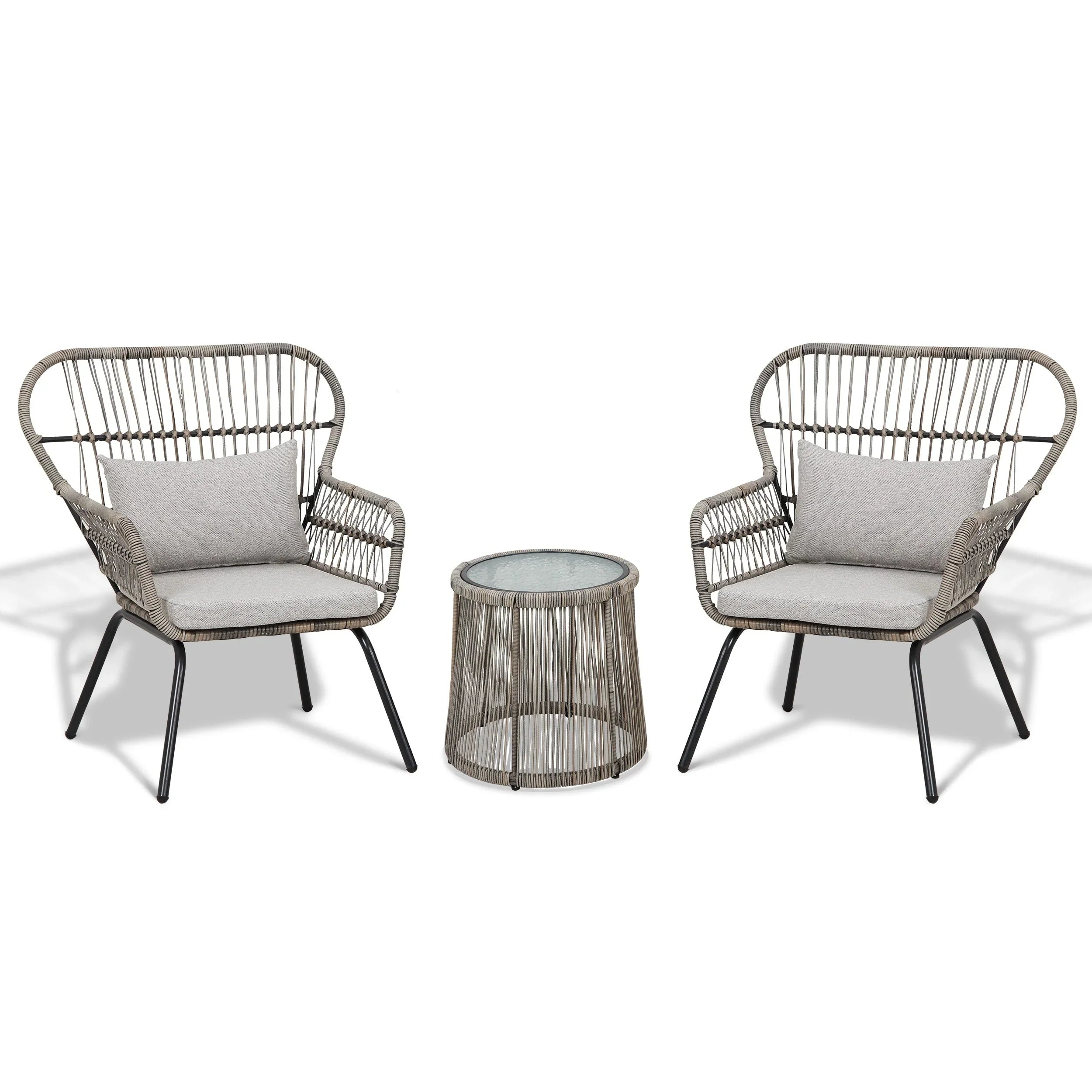 3 Piece Outdoor Wicker Conversation Bistro Set, All-Weather Rattan Furniture Patio Chairs Set with Cushions – Image 15