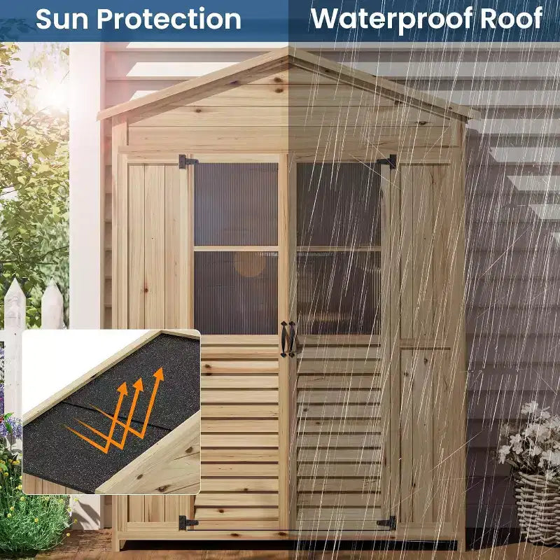 Weather-Resistant Wooden Patio Cabinet Fir Wood with Waterproof Roof, 6 Adjustable Shelves, Stakes & Anti-Falling Kits Ideal for Garden Tools – Image 3