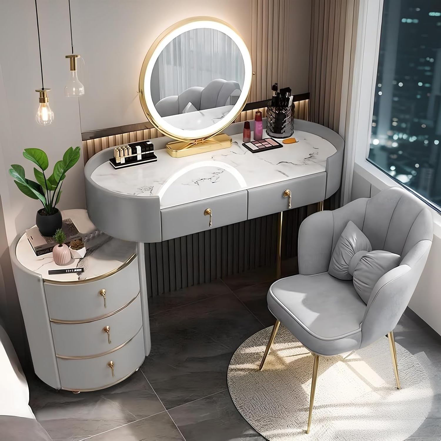 Coiffeuse avec miroir et tabouret, écran tactile, 3 couleurs, à intensité variable, avec 5 tiroirs, pour femmes et filles, commode moderne, cadeau pour chambre à coucher, gris, 80 cm