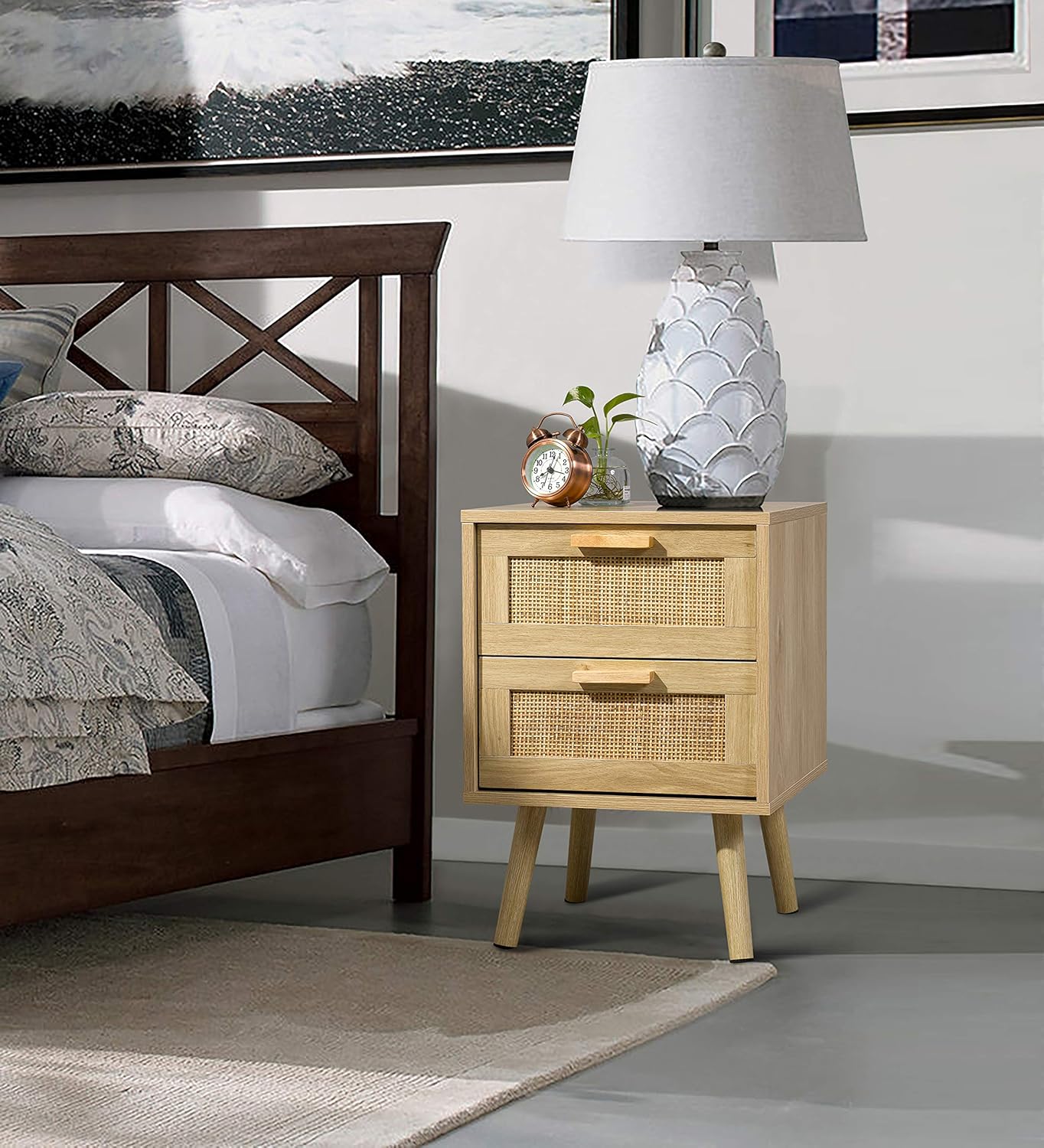 Finnhomy Lot de 2 tables de chevet, tables d'appoint avec 2 tiroirs décorés à la main en rotin, en bois, avec rangement pour chambre à coucher, naturel – Image 5