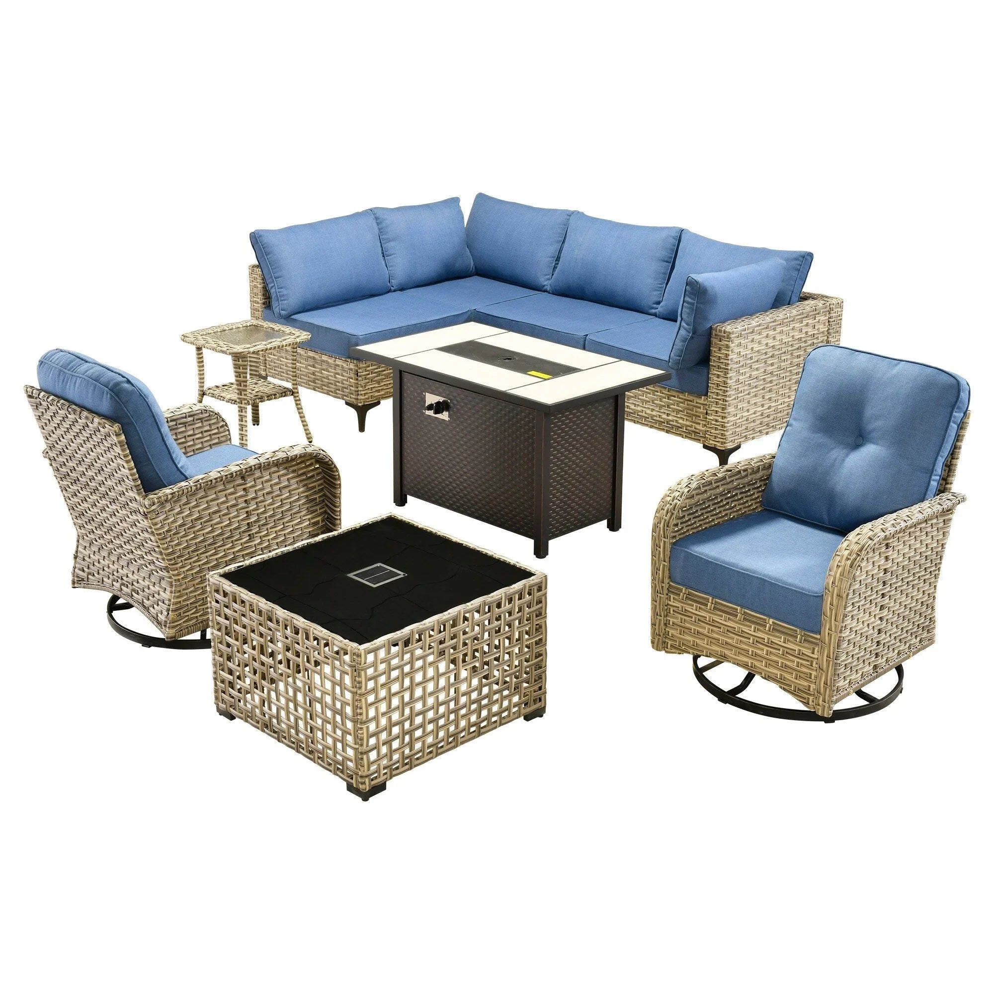 OVIOS 9 Pieces Outdoor Wicker Swivel Chair Set With Fire Table – Image 9