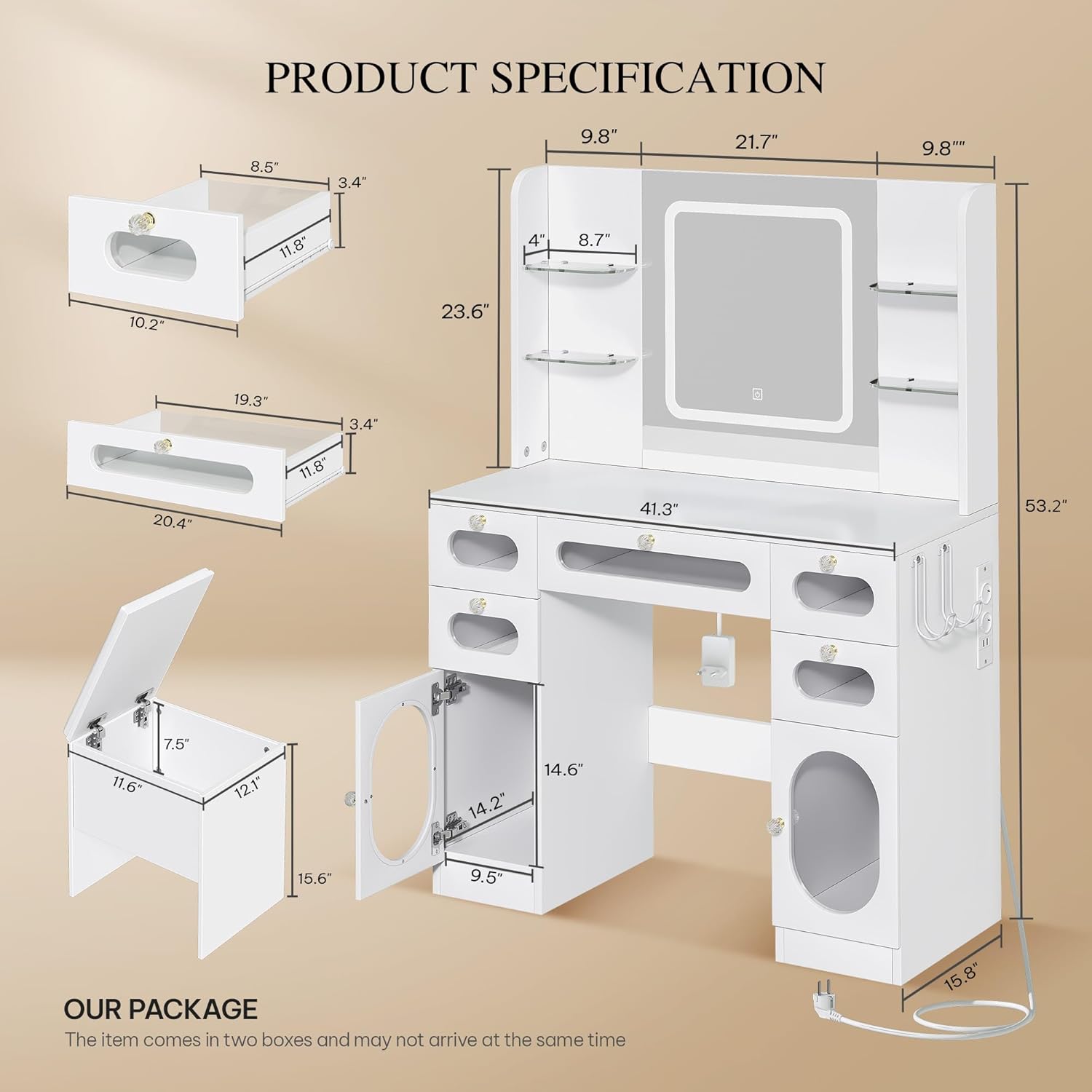 YITAHOME Grande Coiffeuse avec Miroir LED et Prises 3 Couleurs Luminosité Réglable, Blanche Bureau Coiffeuse avec Tabouret 5 Tiroir et 2 Armoire 4 Étagères Rangement, RGB Moderne Couffeuse – Image 3