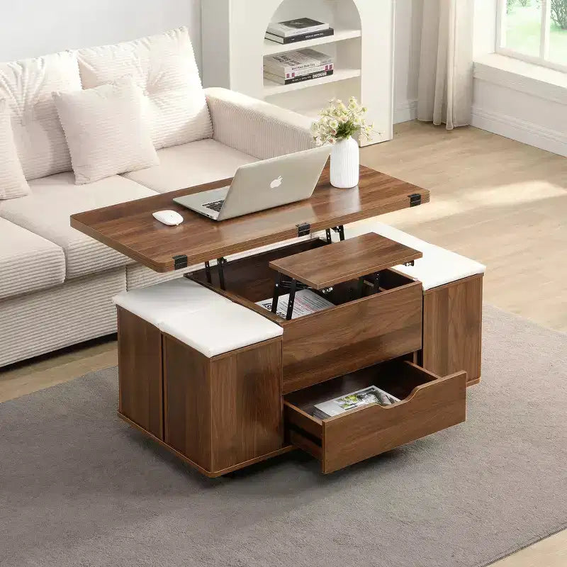 Zeus & Ruta Multi-Function Modern Lift-Top Coffee Table with Hidden Storage, 4 Stools and Casters, Perfect for Modern Living Spaces – Image 35