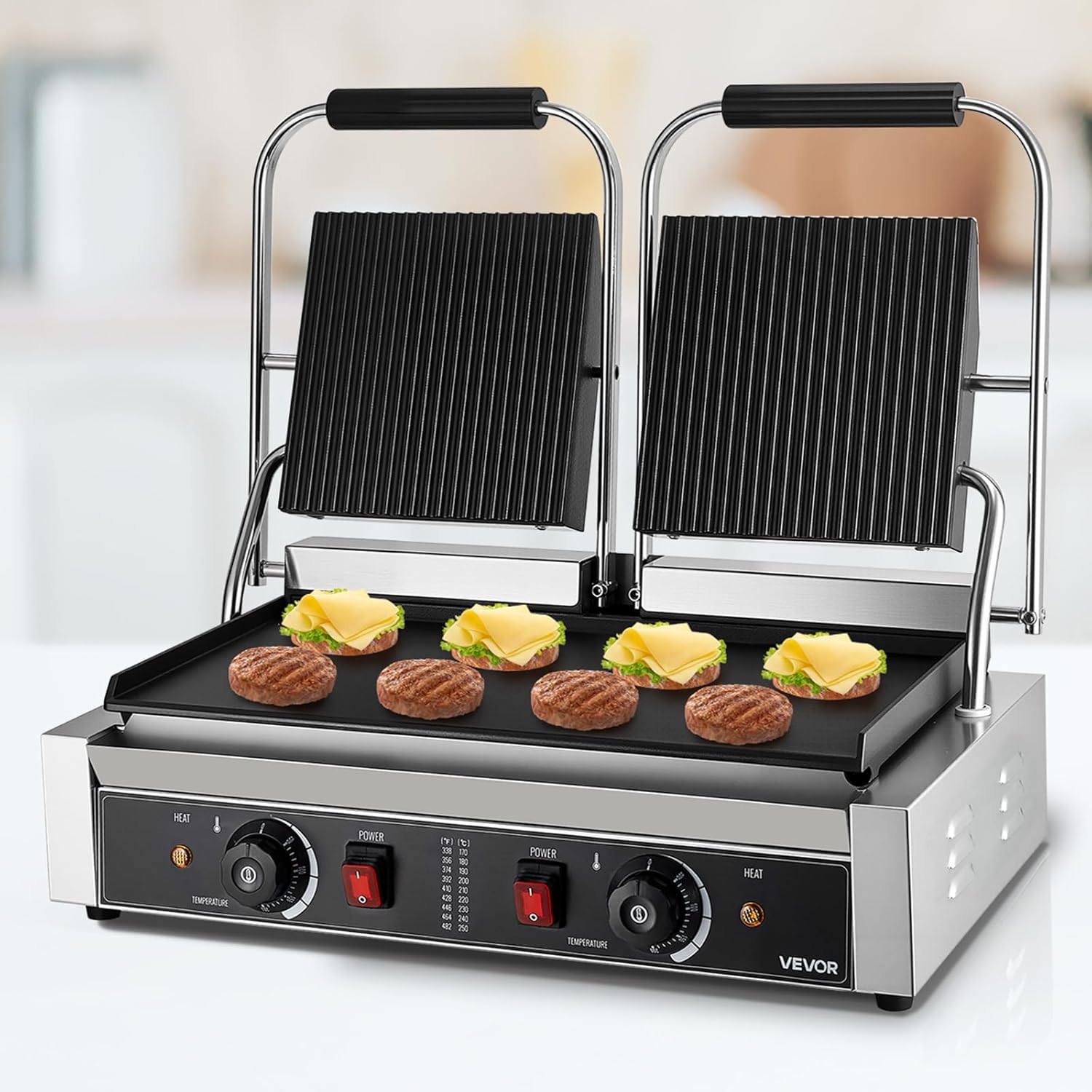 VEVOR Gril Panini Électrique de 3600 W, Double Presse à Panini avec Plaque de Cuisson Émaillée de 48,5x23 cm, Appareil à Sandwich en Inox, Contrôle de la Température, pour Hamburger, Steak, Cuisine – Image 8