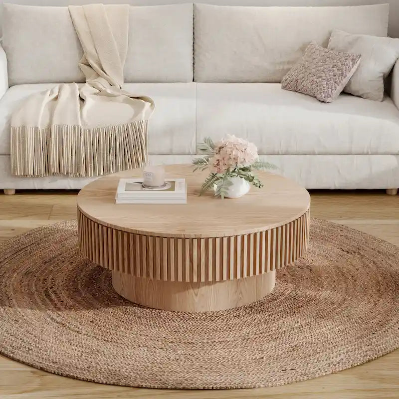 Modern Solid Wood Veneered Round Coffee Tea Table with Storage – Image 14