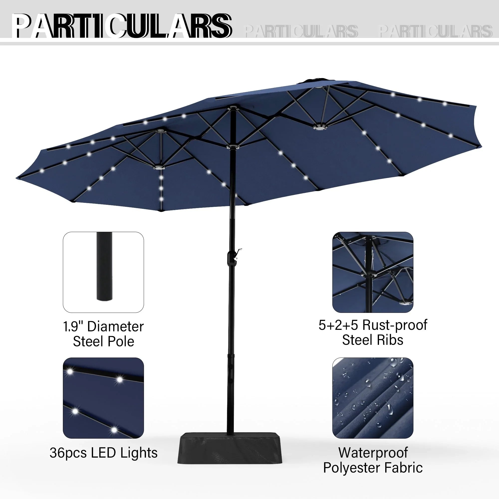 MAISON ARTS 15-foot Rectangular Crank Double-sided Outdoor Market Umbrella Solar LED Lighted Patio Umbrella with Base Included – Image 32