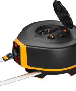 Fiskars Devidoir XL avec Roues, Set d'Arrosage Tout-en-1, Tuyau de 27 m, Tuyau à Enroulement automatique, Tuyau de taille universelle diamètre 13 mm , Raccord universel pour Robinet, noir/orange, 1025933