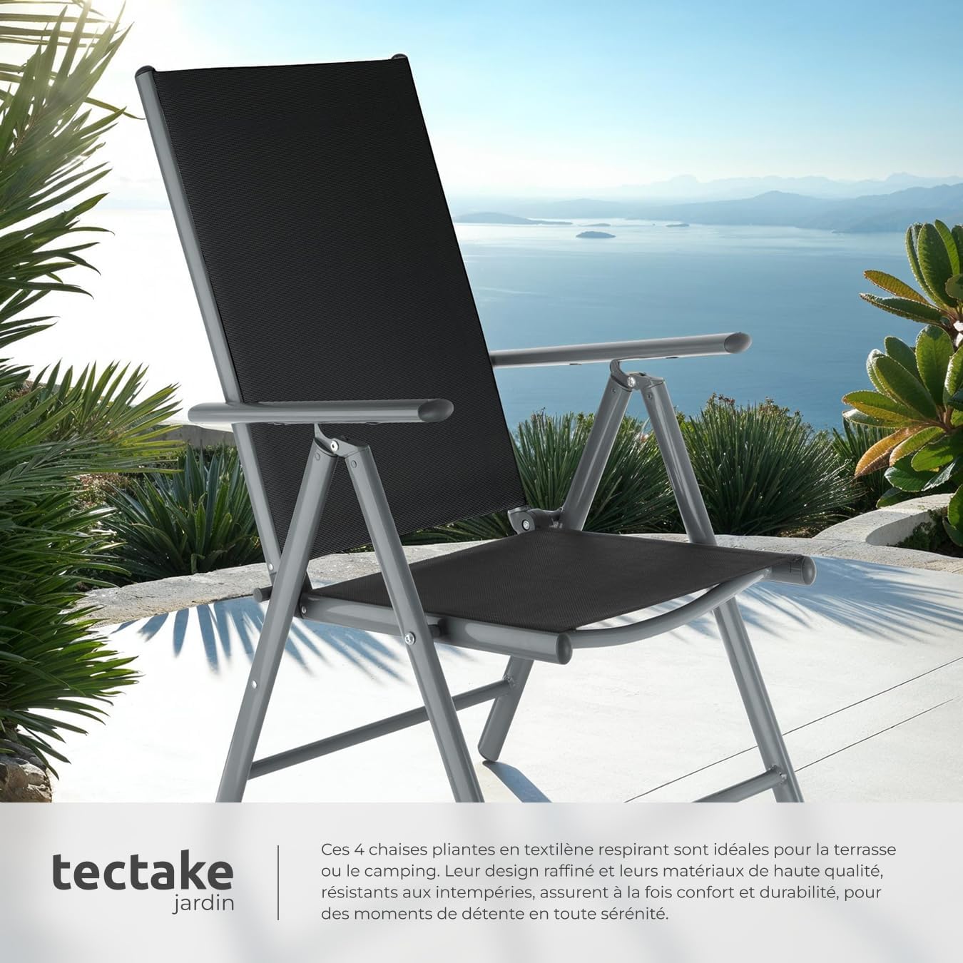 TecTake® Lot de 4 Chaises de Jardin Pliantes avec accoudoirs Chaises d´extérieur avec Cadre en Aluminium, Dossier Haut Réglable 7 Positions, Résistante intempéries, pour Salon de Jardin Exterieur – Image 5