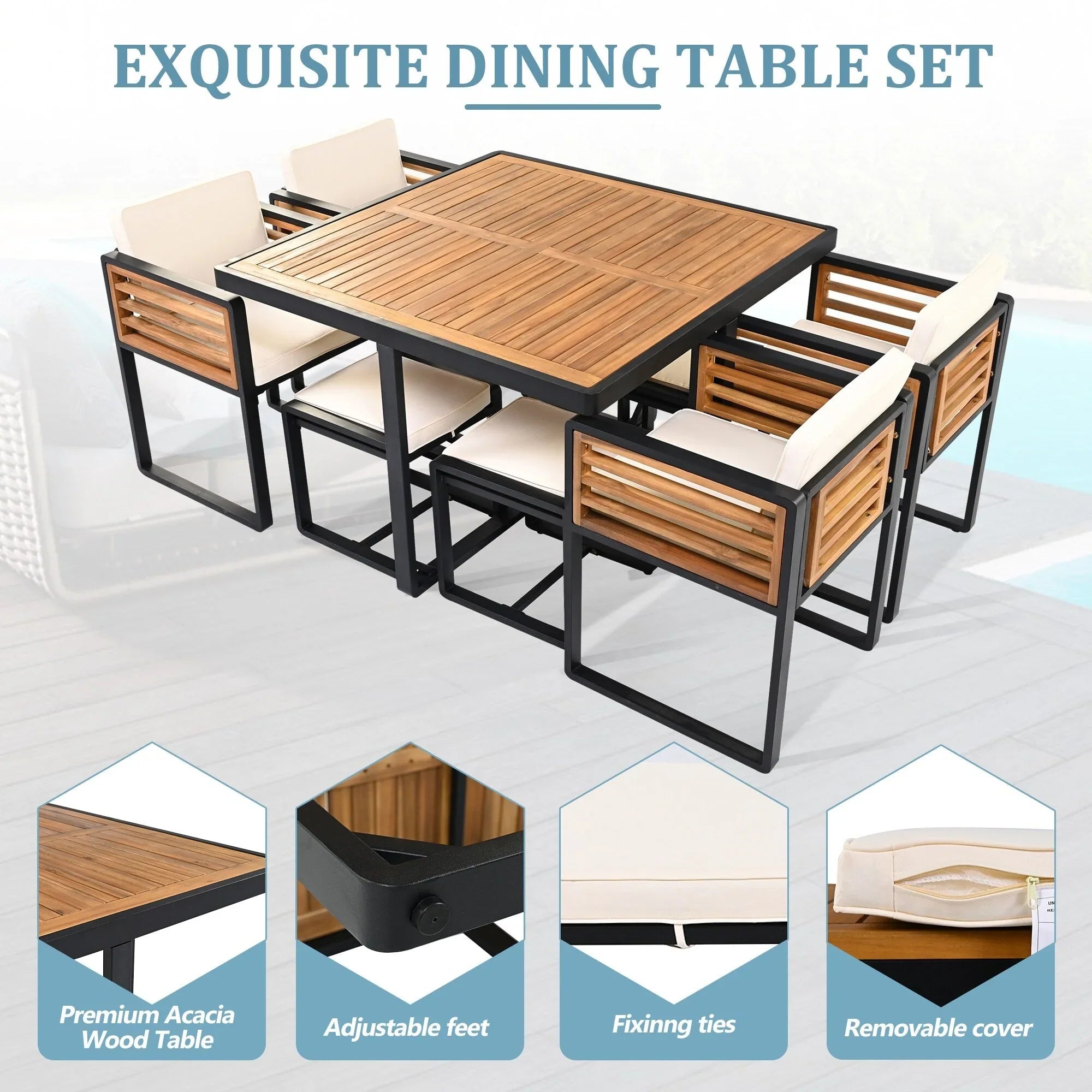 18-Pieces Acacia Wood Patio Dining Set, 8 Cushioned Chairs & 8 Ottomans & 2 Square Table – Image 12