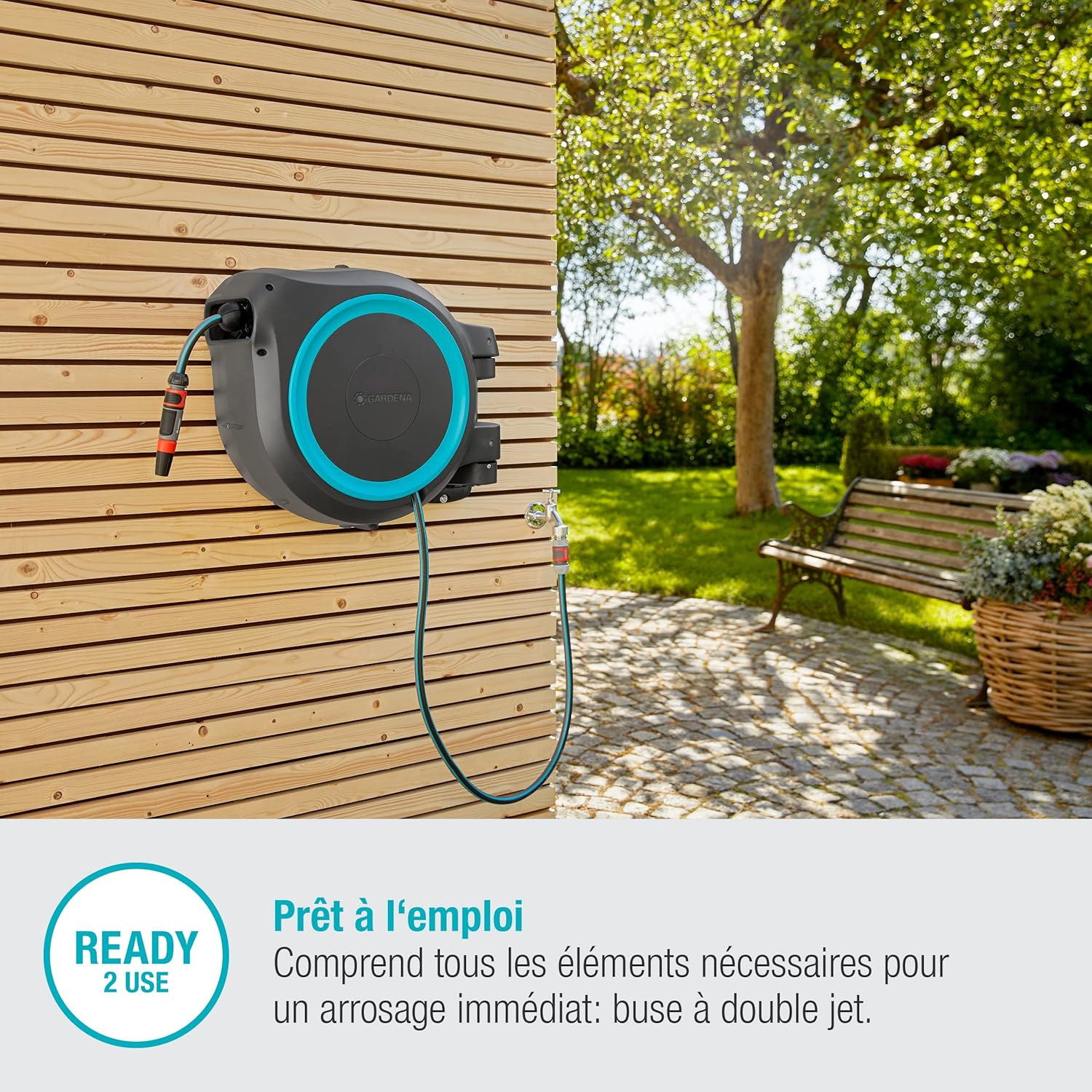 GARDENA Devidoir automatique mural RollUp XL liseret bleu - Longueur 35m - O13mm - Kit complet - Garantie 5 ans 18630-20 – Image 5