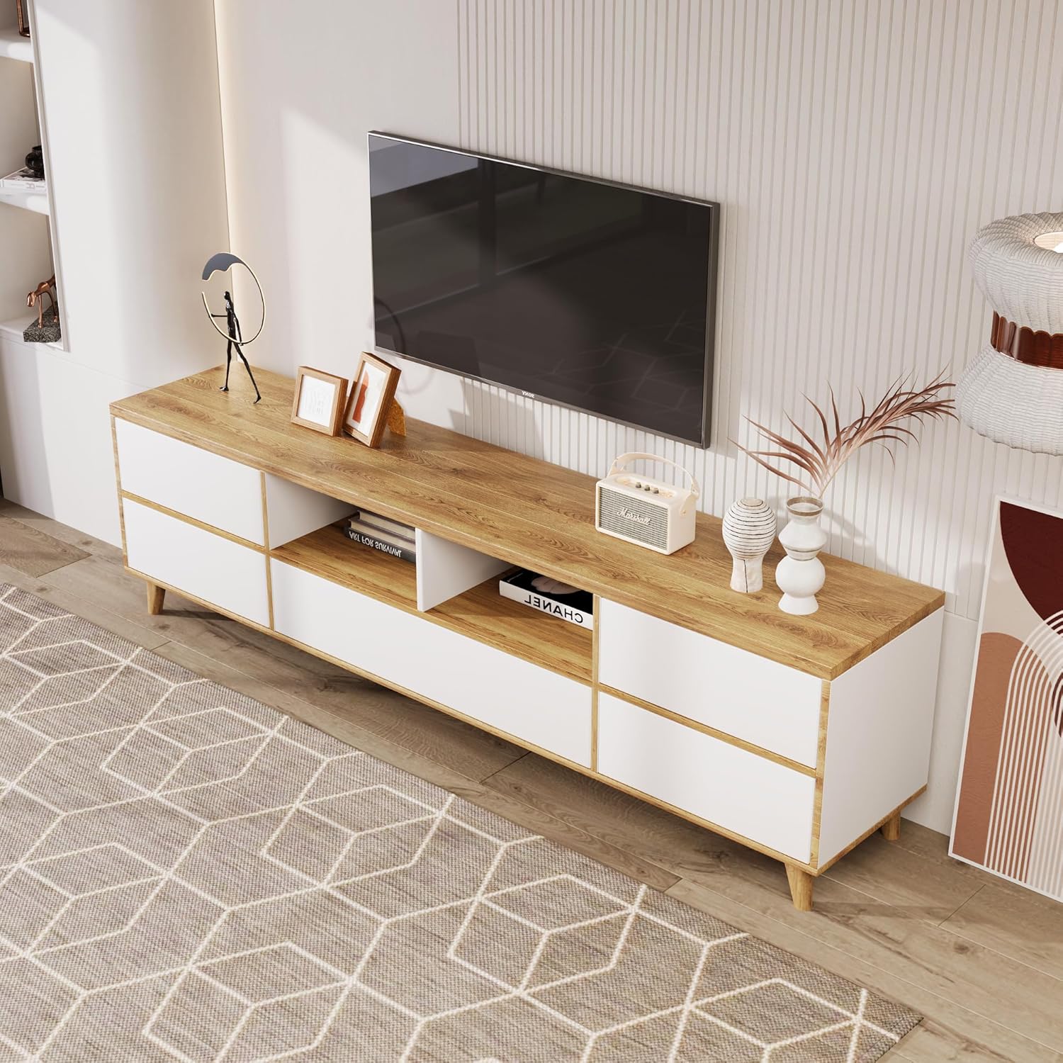 BTM Meuble TV Rustique, Banc TV avec Compartiments et Portes,pour Salon, Salle à Manger, Chambre, Rangement Pratique,Blanc et Bois Naturel,175x37x51cm – Image 3