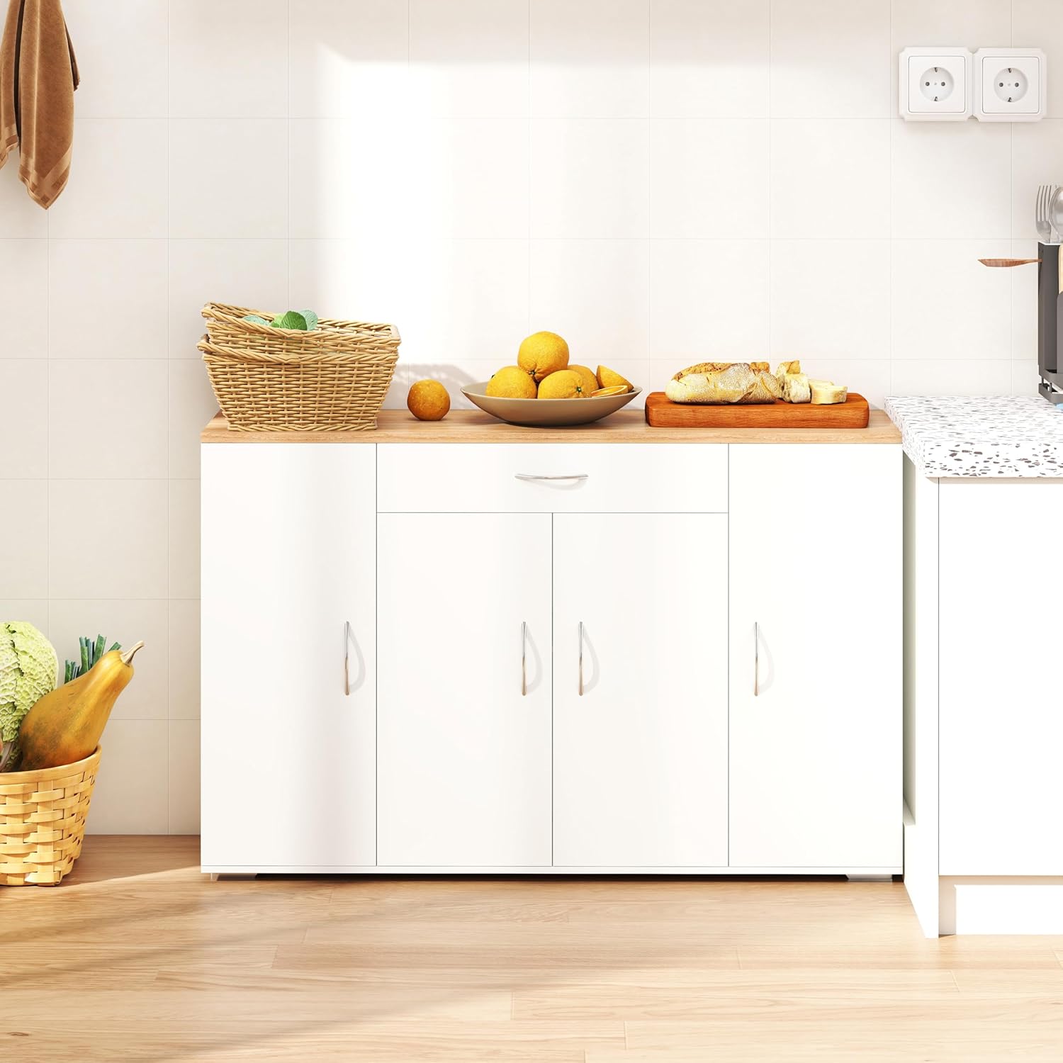 Meuble Cuisine Rangement avec Plan de Travail avec 4 Portes et 1 tiroir, Meuble de Rangement Cuisine Blanche Moderne – Image 2