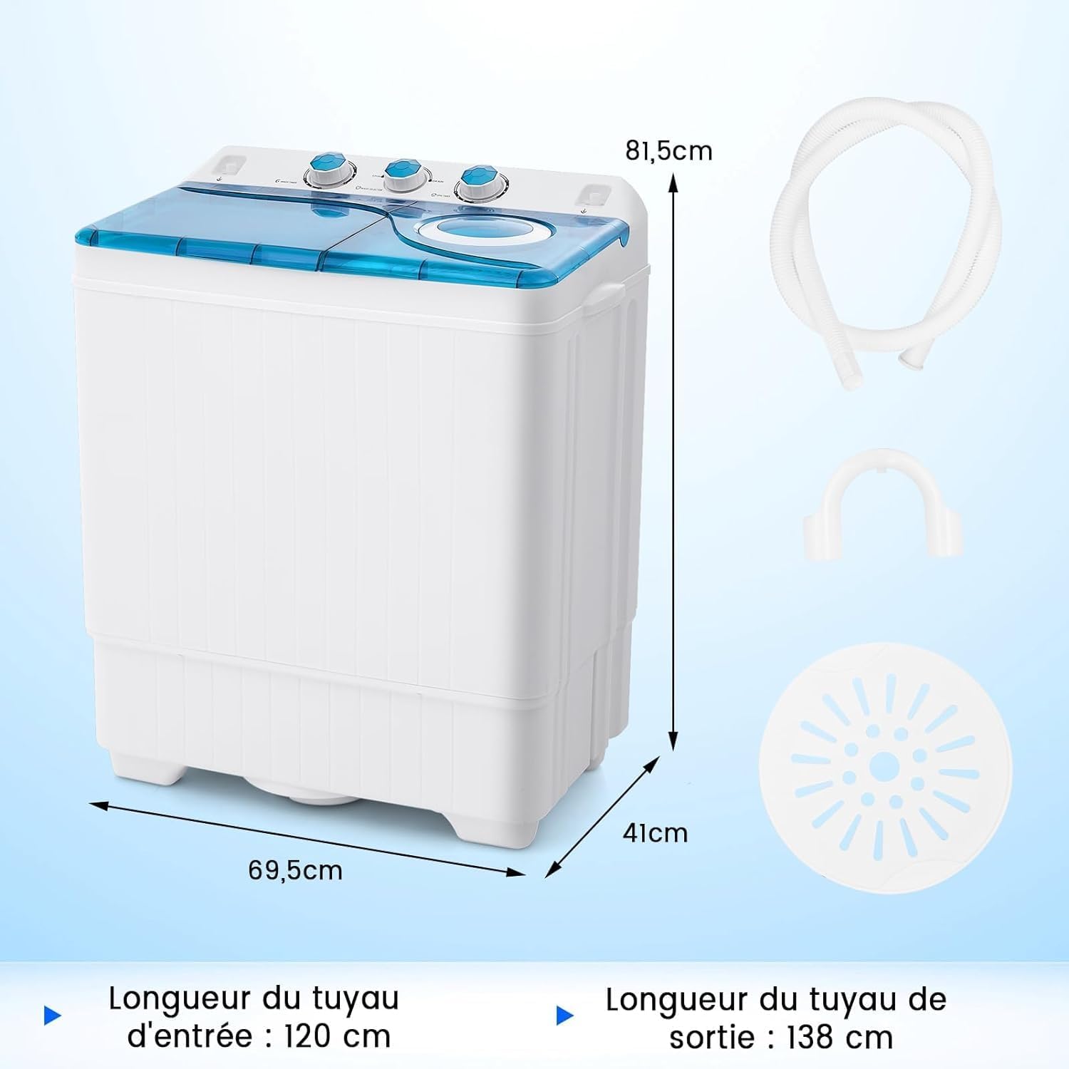 RELAX4LIFE Mini Machine à Laver à 2 Cuves Capacité 8,5 KG, Lave-Linge Semi-Automatique avec Minuteur & Essoreuse, Lave-Linge Portable Compact pour Appartement Dortoir Maison (Bleu | 8,5 KG) – Image 6