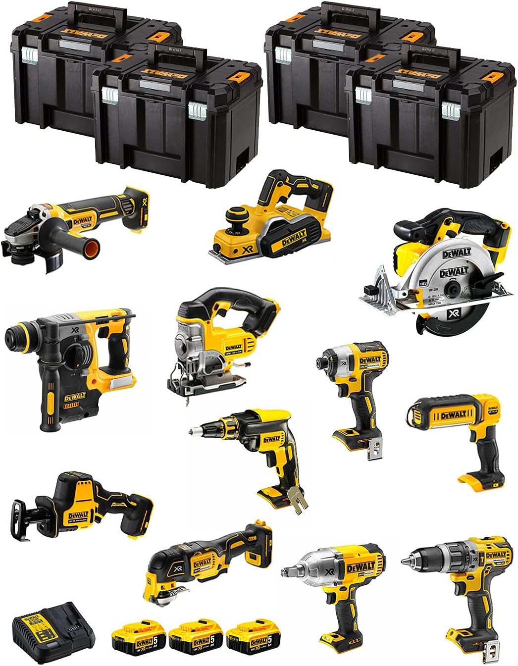 Kit DWK1202T (DCD796 + DCH273 + DCG405 + DCF887 + DCF889H + DCS331 + DCS391 + DCS355 + DCP580 + DCS369 + DCL050 + DCF620 + 3 Batteries de 5,0 Ah + Chargeur + 4 x TSTAK VI)