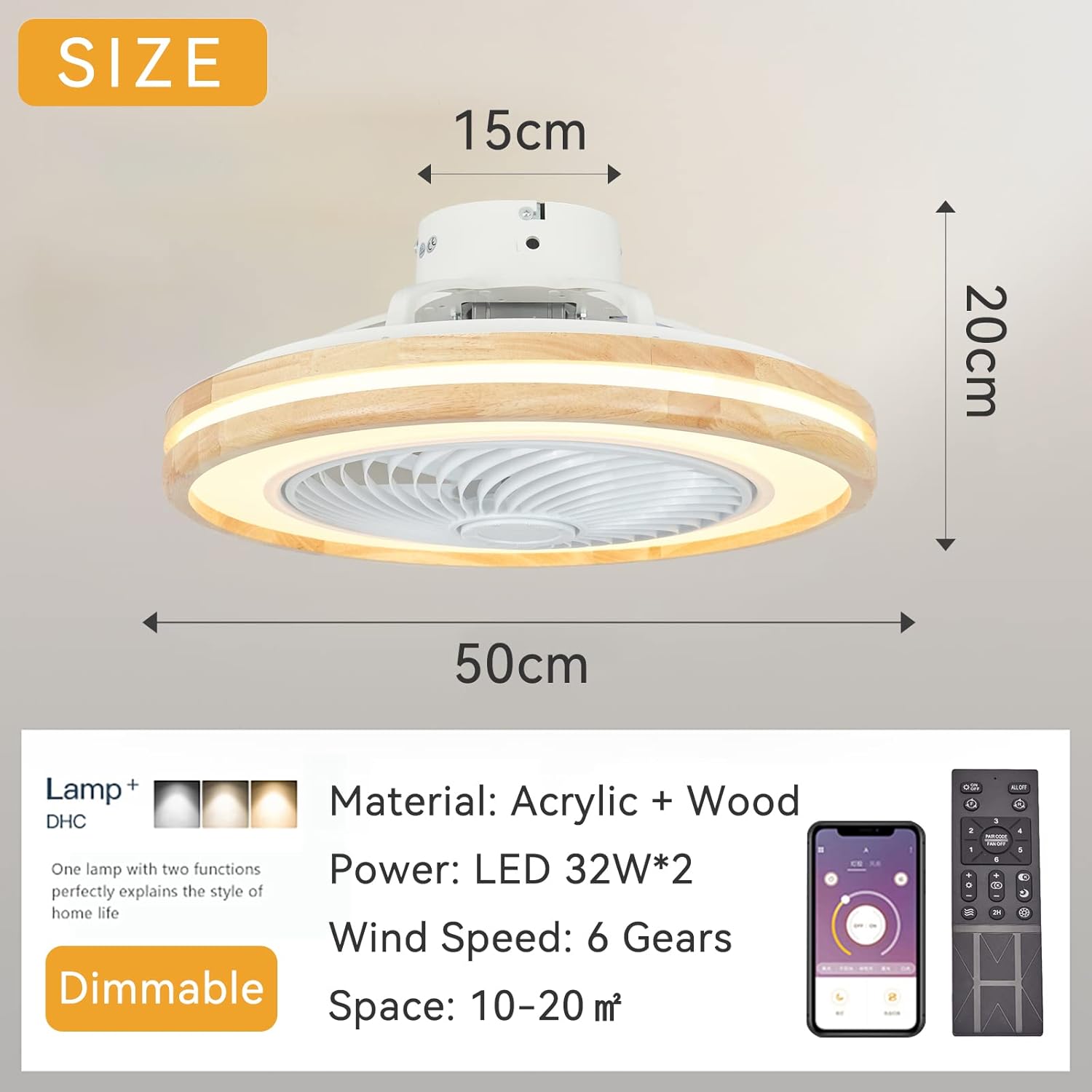 LJX Ventilateurs de Plafond avec Lumières Bois et Télécommande Plafonnier Ventilateur Design Sans Pales Été Et Hiver Réversible 6 Vitesses Moteur DC Gradable Ventilo Plafond Silencieux Pour Chambre – Image 7