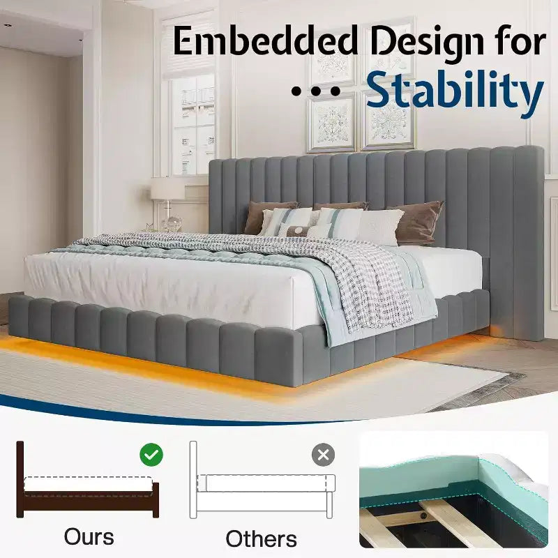AMERLIFE Upholstered Platform Bed with LED Lights, Floating Design, Solid Slat Support – Image 16