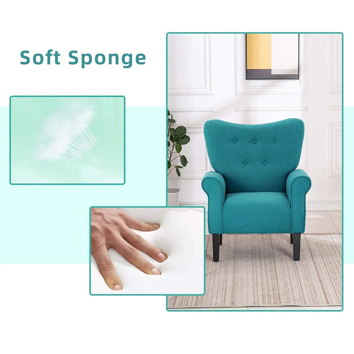Erommy Modern Accent Chair, High Back Armchair, Upholstered Fabric Button Single Sofa with Wooden Legs for Living Room – Image 34