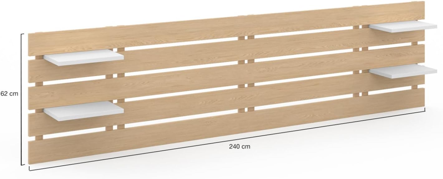 IDMarket - Tête de lit Suspendue 5 Larges Lattes Nina 240 cm Bois Clair et étagères Blanches – Image 3