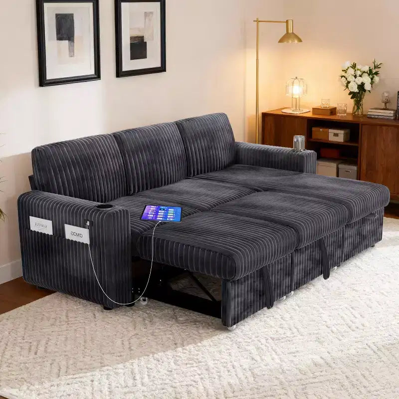 L-Shaped Sectional Sleeper Sofa with Pull-Out Bed, USB Ports & Storage – Image 40