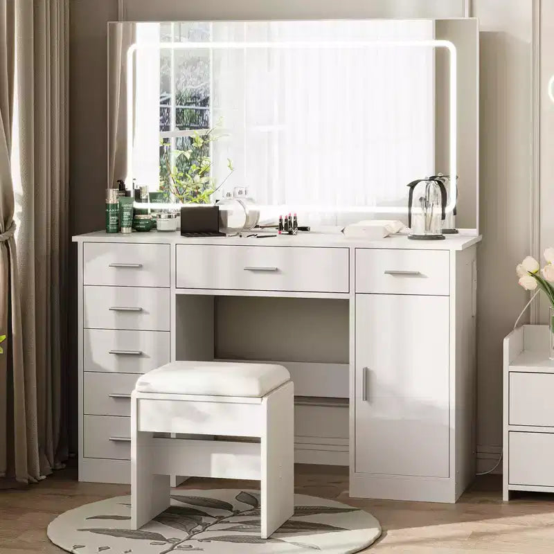 Modern Vanity Desk with Large Mirror, 7 Drawers, LED Lights, Chair, 3 Light Modes, Hair Dryer Holder and Charging Station for Bedroom – Image 3