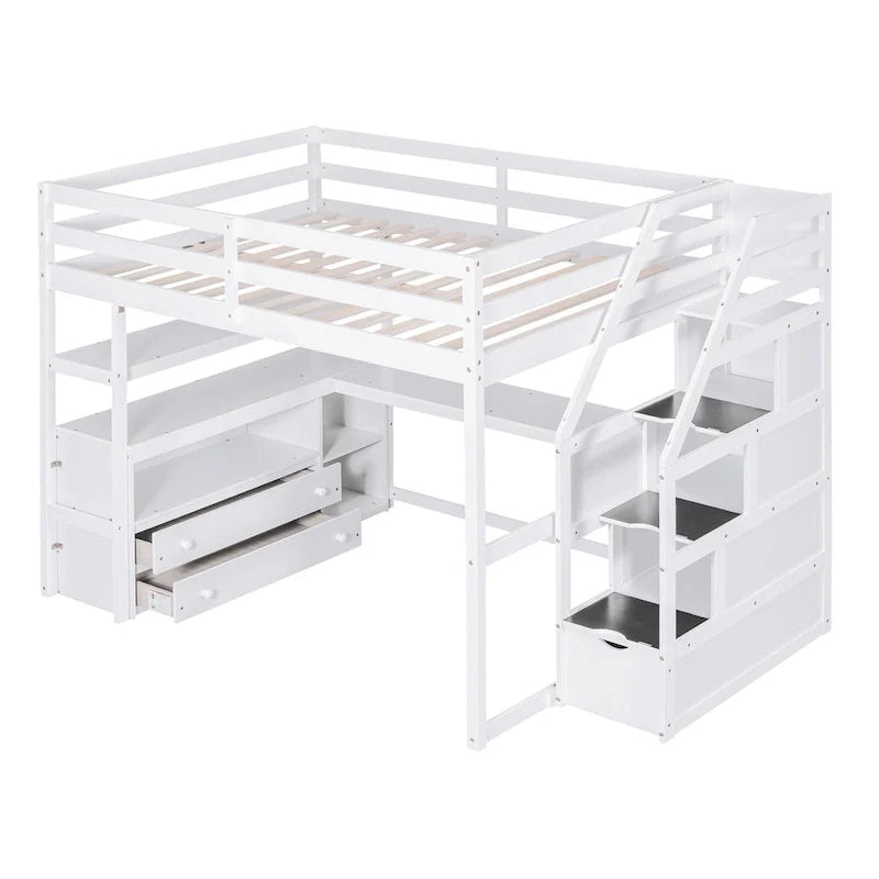 Full Size Loft Bed with Desk and Shelves, Two Built-in Drawers, Storage Staircase, Gray – Image 8