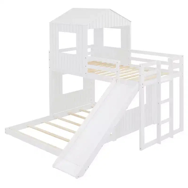 Luxystar Twin Over Full Wood Bunk Bed with Playhouse, Slide and Guardrails – Image 17