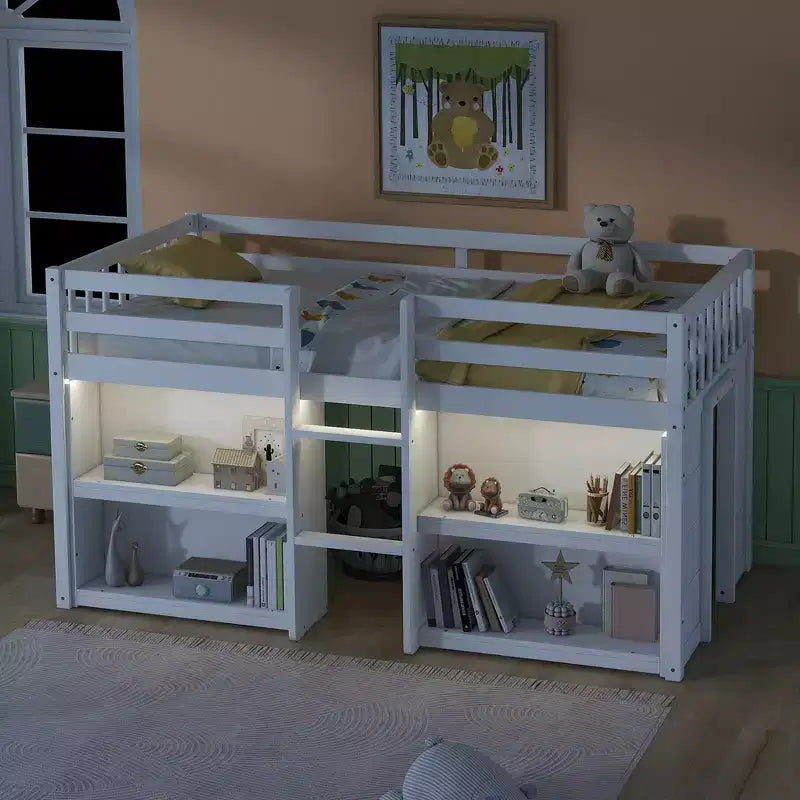 Whisen 79.8''L * 43.9''W Twin Size Kid Low Loft Bed With Two-Tier Shelves And LED Light – Image 11