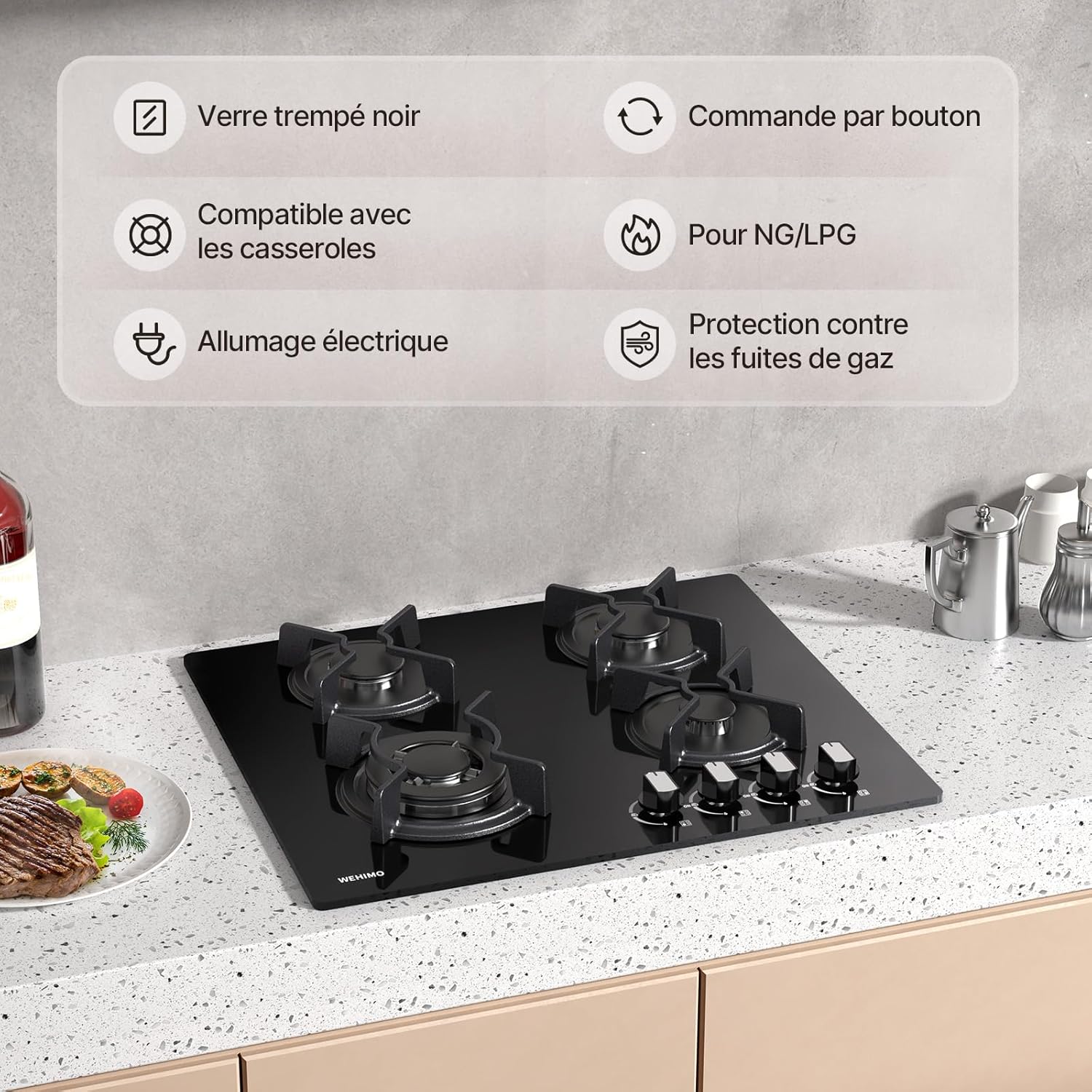 Plaque de Cuisson Gaz 4 Feuxs, Plaque Gaz 4 Feuxs Encastrable, Table de Cuisson 60cm, Grille Fonte, 7800W, Gazs Ville et Bouteille, Verre Noir – Image 9