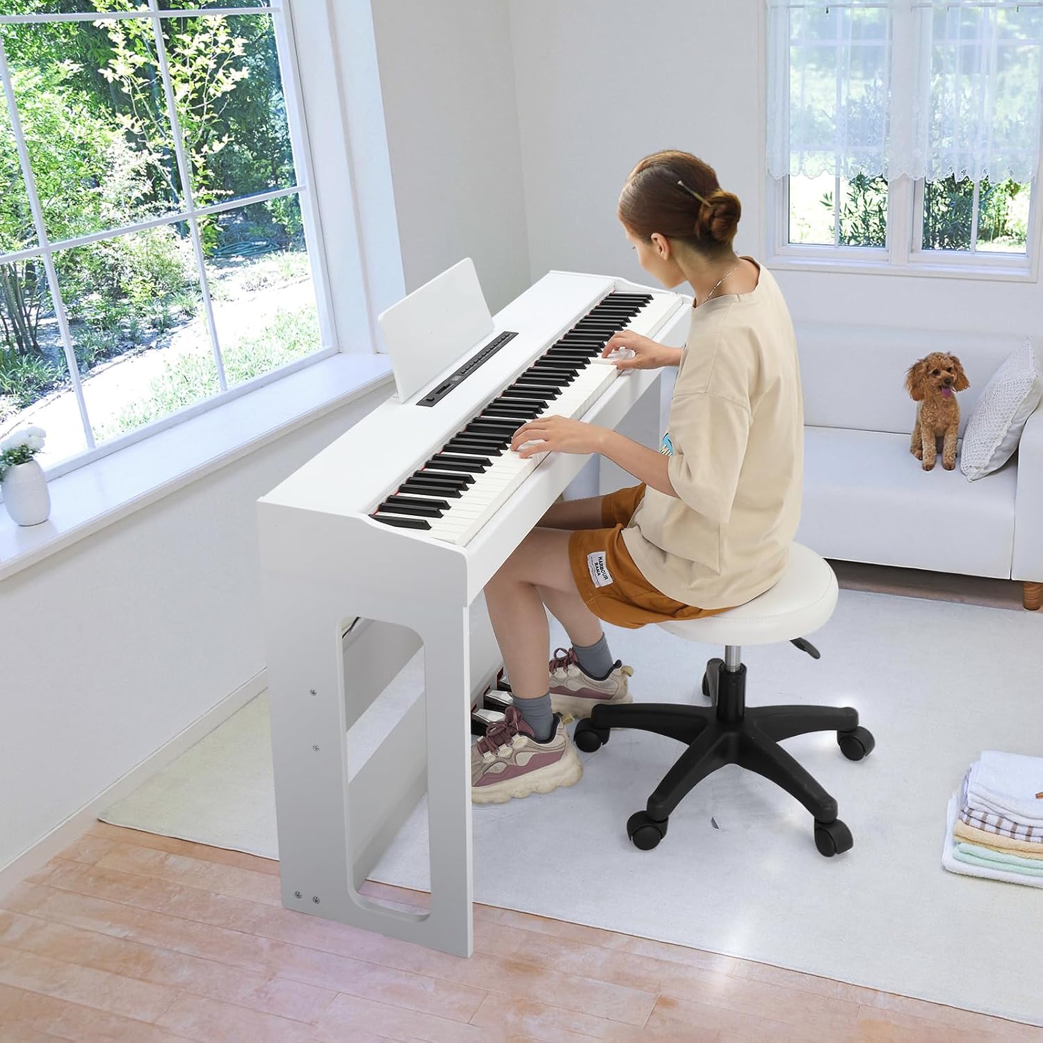 LEADZM Piano Numérique 88 Touches, Clavier Entièrement Lesté, Piano Électrique avec MIDI-USB, Bluetooth et Haut-Parleurs Stéréo, 128 Sonorités et Rythmes, Système à 3 Pédales, Blanc – Image 7
