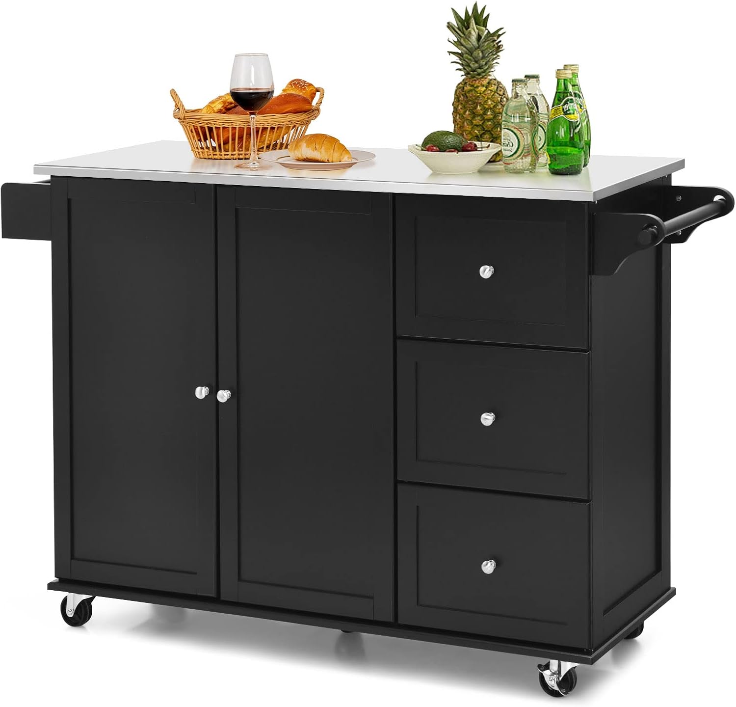 KOMFOTTEU Îlot Central Mobile avec Plan de Travail en Acier Inoxydable, Chariot de Cuisine avec 3 Tiroirs, Porte-Serviettes et Étagère réglable, Desserte sur roulettes, 135 x 45,5 x 91,5 cm Noir – Image 8