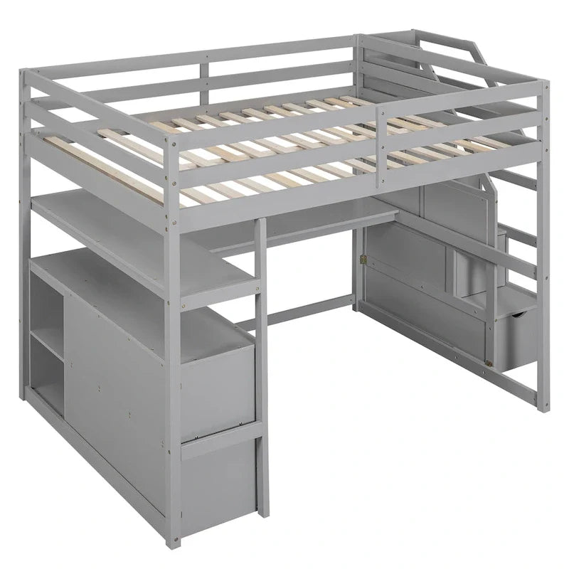 Full Size Loft Bed with Desk and Shelves, Two Built-in Drawers, Storage Staircase, Gray – Image 3