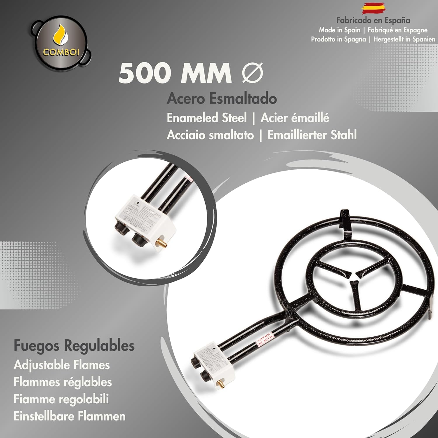 COMBOI - Kit paella, Brûleur à Gaz Butane de 50 cm, Poêles à paella de 60 cm et 42 cm, Régulateur de Gaz, Tuyau, Trépied Renforcé, Tablier et Recettes. – Image 2