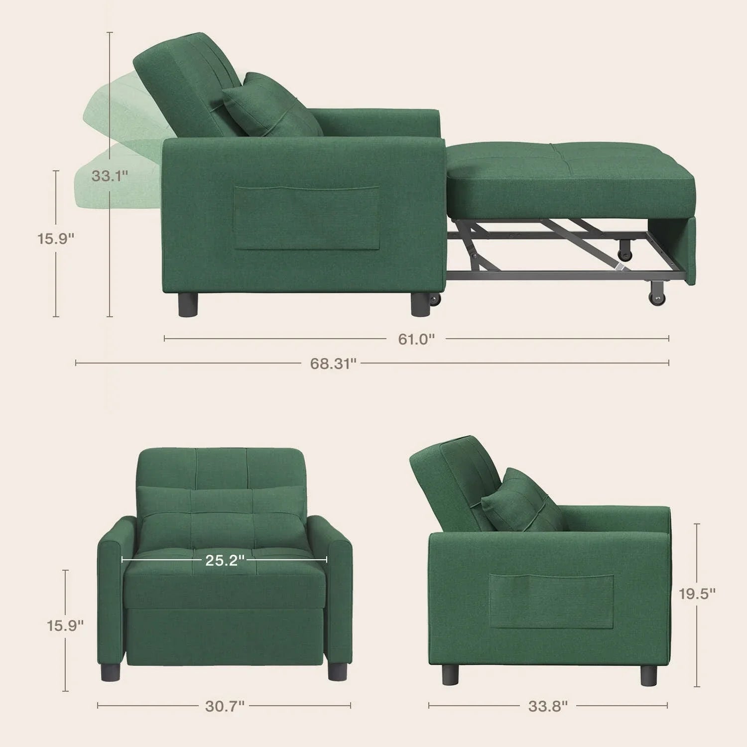 3-in-1 Adjustable Sleeper Sofa Bed, Pull Out Chair Sofa, Convertible Folding Bed for Living Room – Image 57