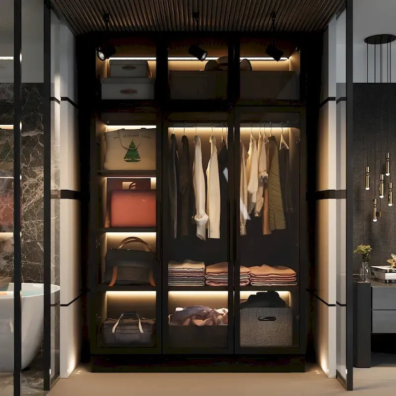 47.2 Wide Armoire LED Light All Glass Door Closet Cabinet Wardrobe – Image 36