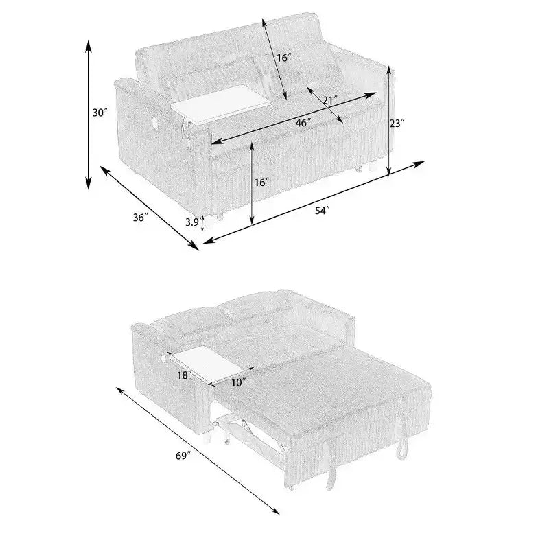 TUYOHW Space-Saving Convertible Sofa,Corduroy Sofa Bed with Movable Tabletop & USB Port,Multi-Functional Loveseat for Living Room – Image 6