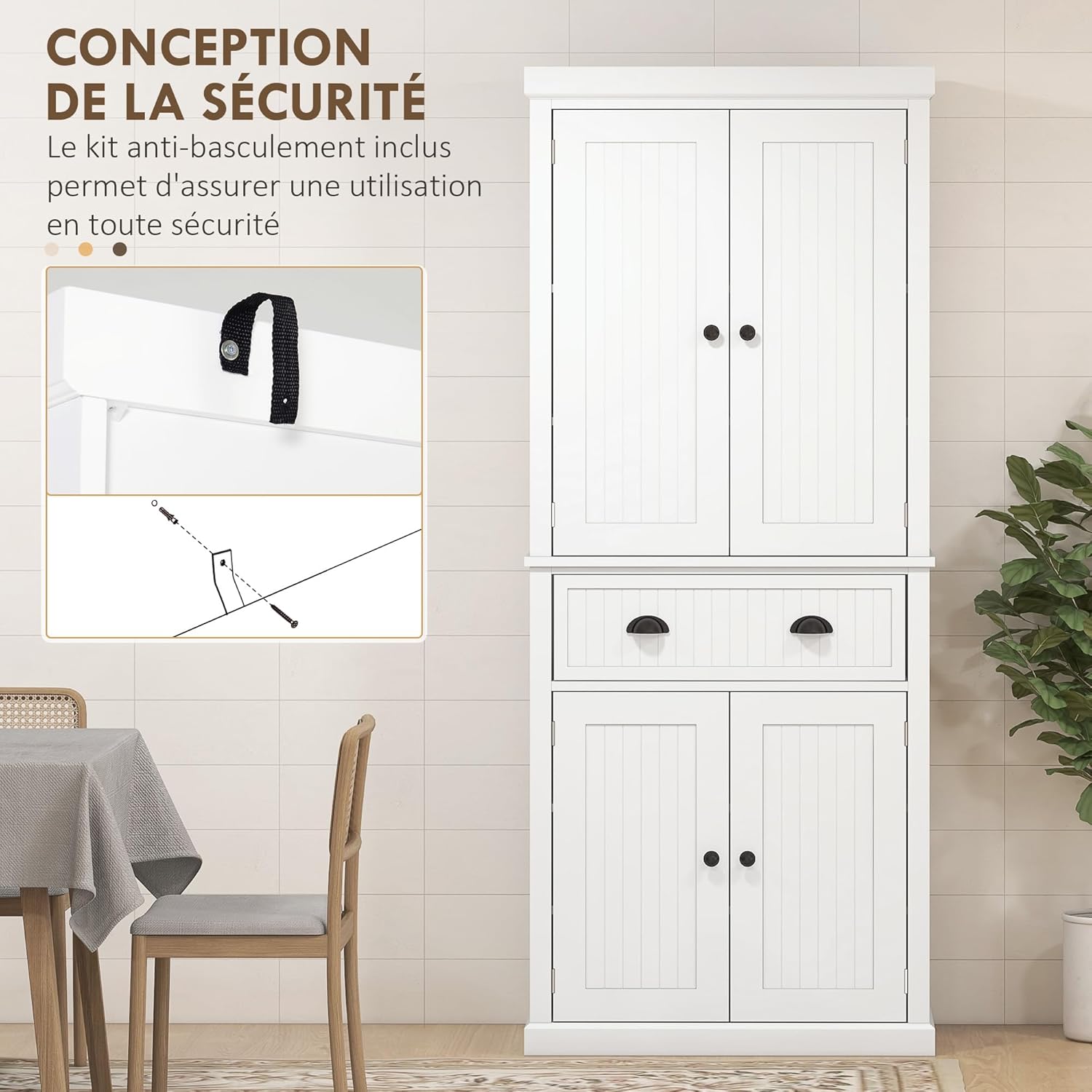 HOMCOM Armoire de Cuisine Buffet Cuisine Style Moderne vaisselier avec placards à Portes, étagères réglables et tiroir, Meuble de Rangement pour Salle à Manger, Salon, 76,2 x 40,2 x 183 cm, Blanc – Image 6