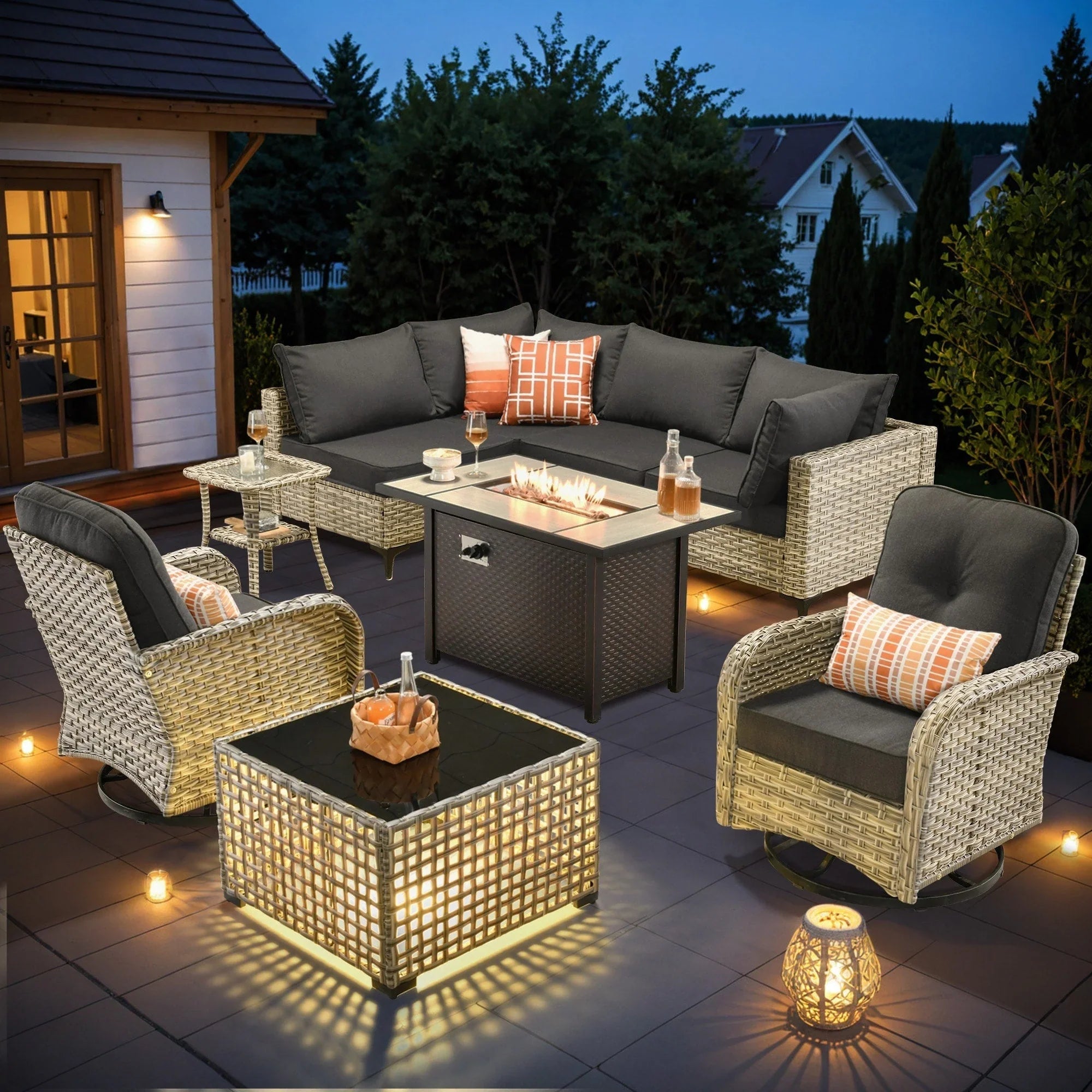 OVIOS 9 Pieces Outdoor Wicker Swivel Chair Set With Fire Table – Image 26