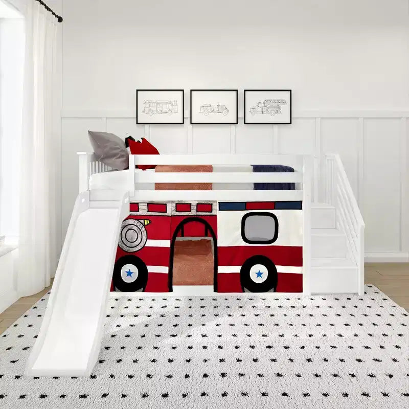 Low Twin over Twin Bunk With Stairs, Easy Slide & Firetruck Curtain – Image 12
