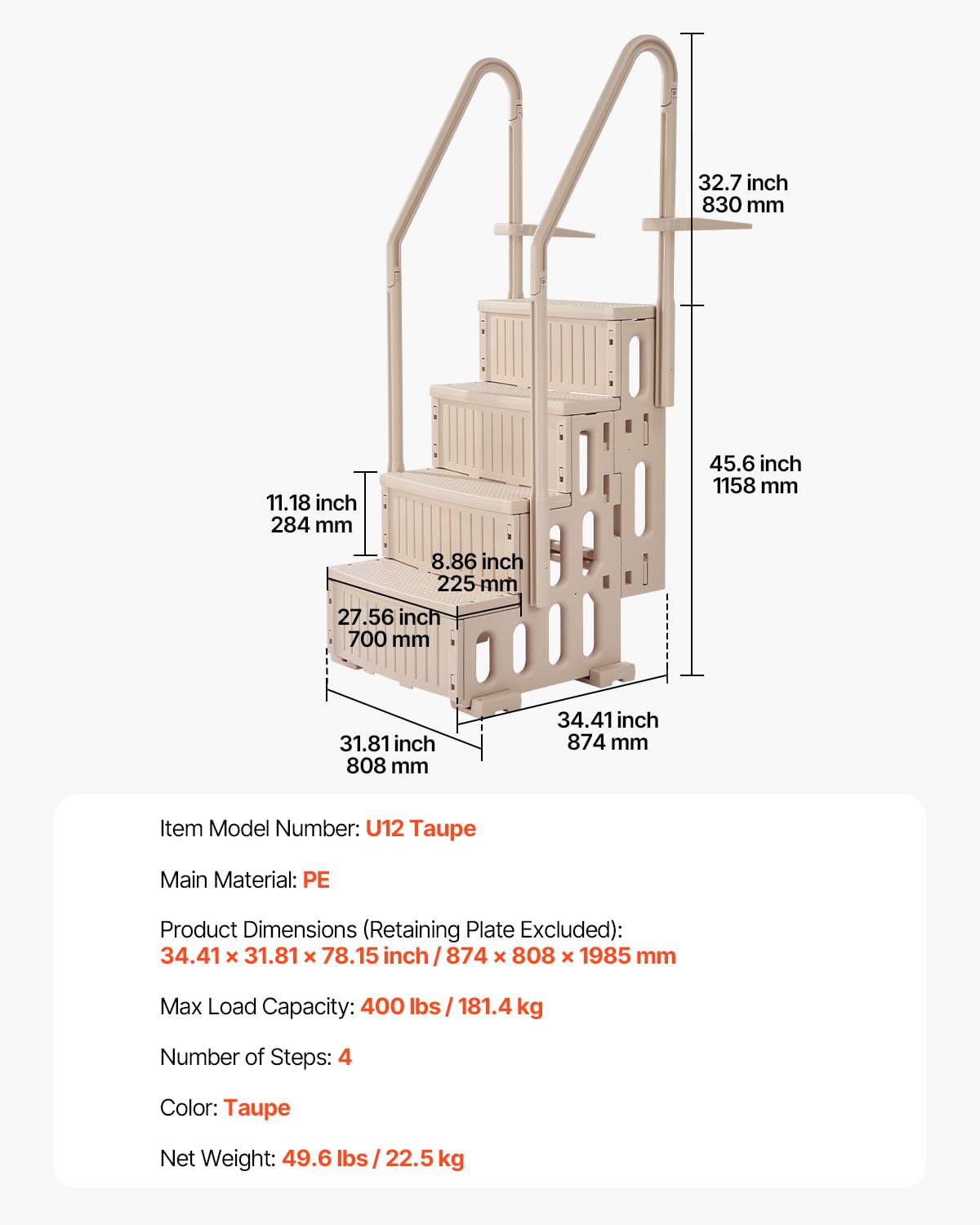 VEVOR Escalier de Piscine en Plastique avec 2 Rampes, 4 Marches Antidérapantes, Capacité de Charge 181,4 kg, pour Piscines Creusées Hors Sol 122-137 cm, Terrasse, Maison, Intérieur, Extérieur, Taupe – Image 7
